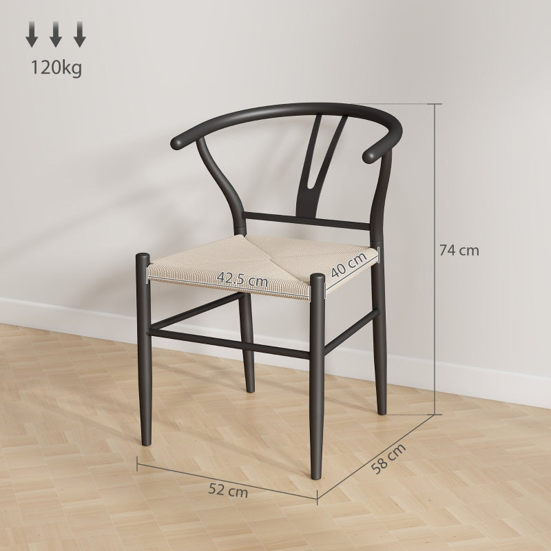 Set of Two Dining Chairs with Y-Shaped Backrest, Black/Beige Hemp