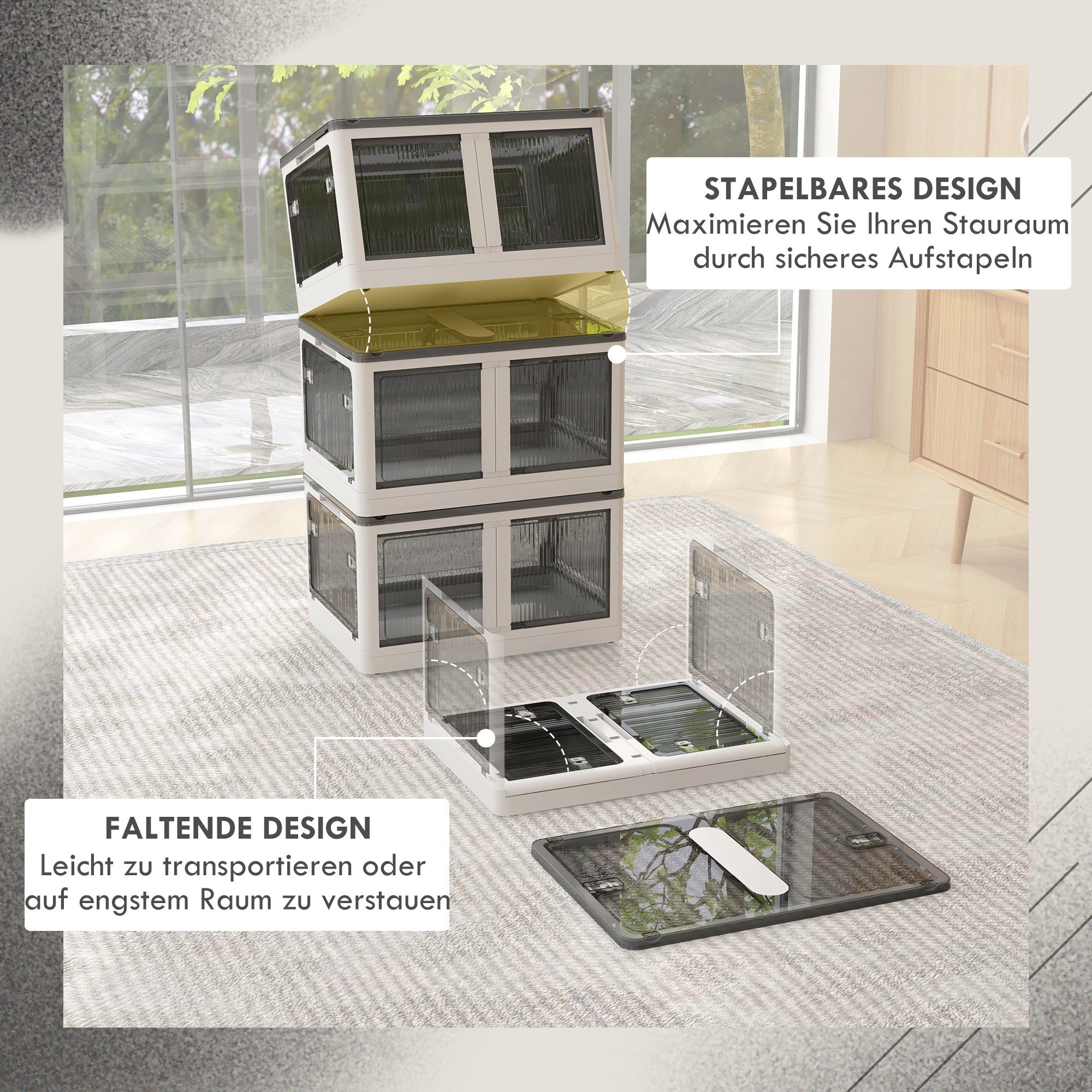 Storage Box 69L Stackable Foldable Wheels 5-Sided Access, White