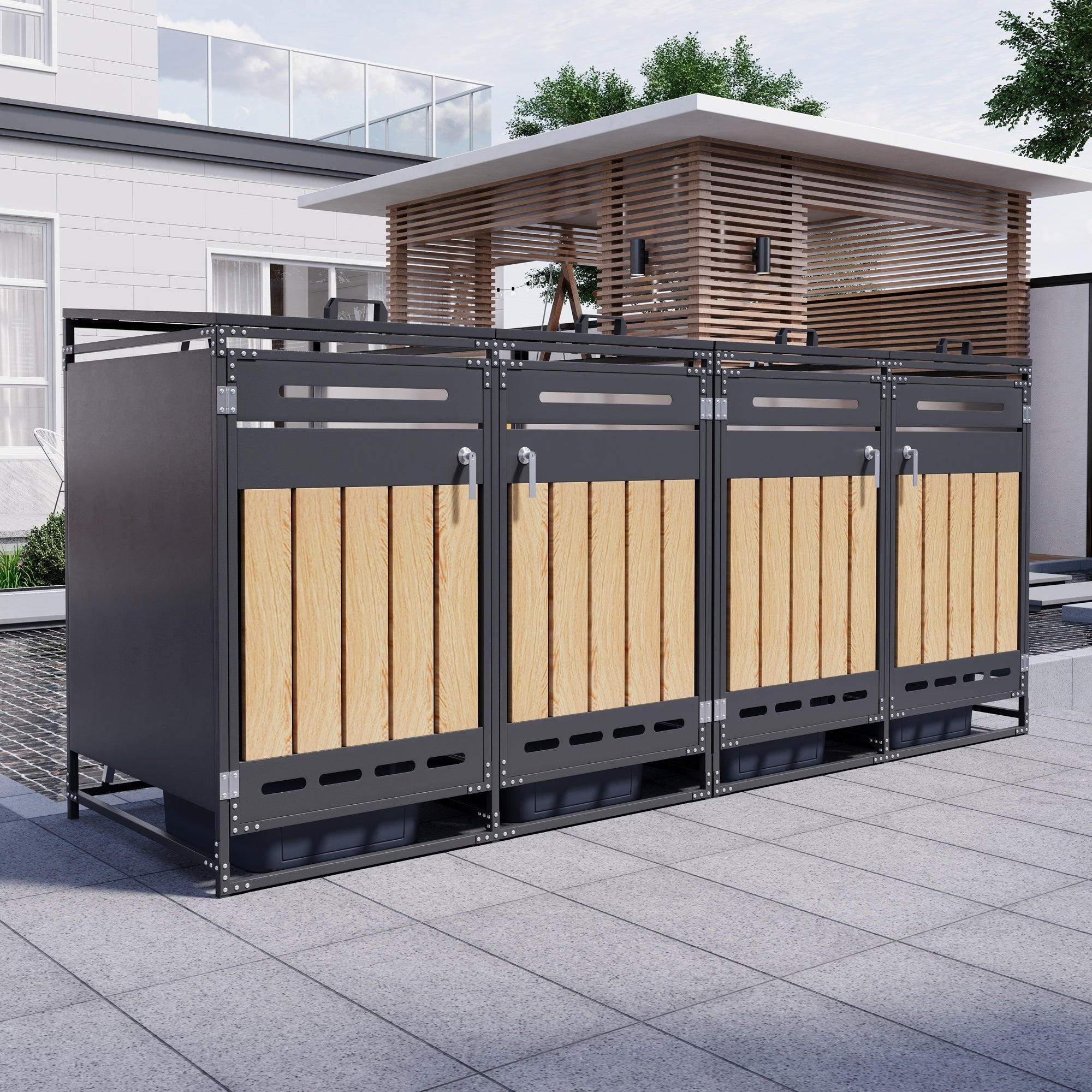 Bin Storage Cabinet, Set of 4 with Hydraulic Lids and Vertical Cladding, Iron Wood-Look