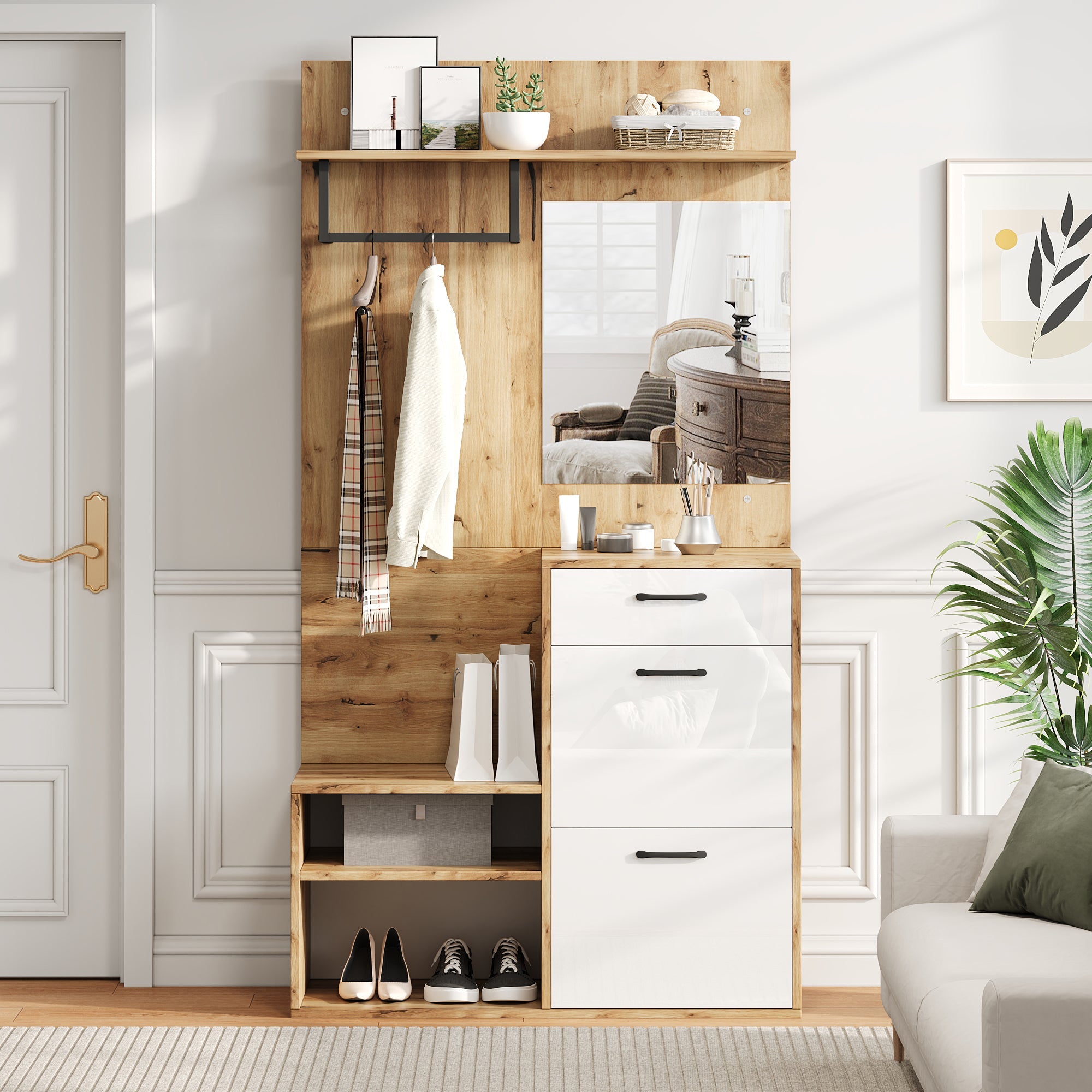 Wardrobe Set, Mirror, Shoe Bench, 1 Drawer, 2 Cabinets, White Wood