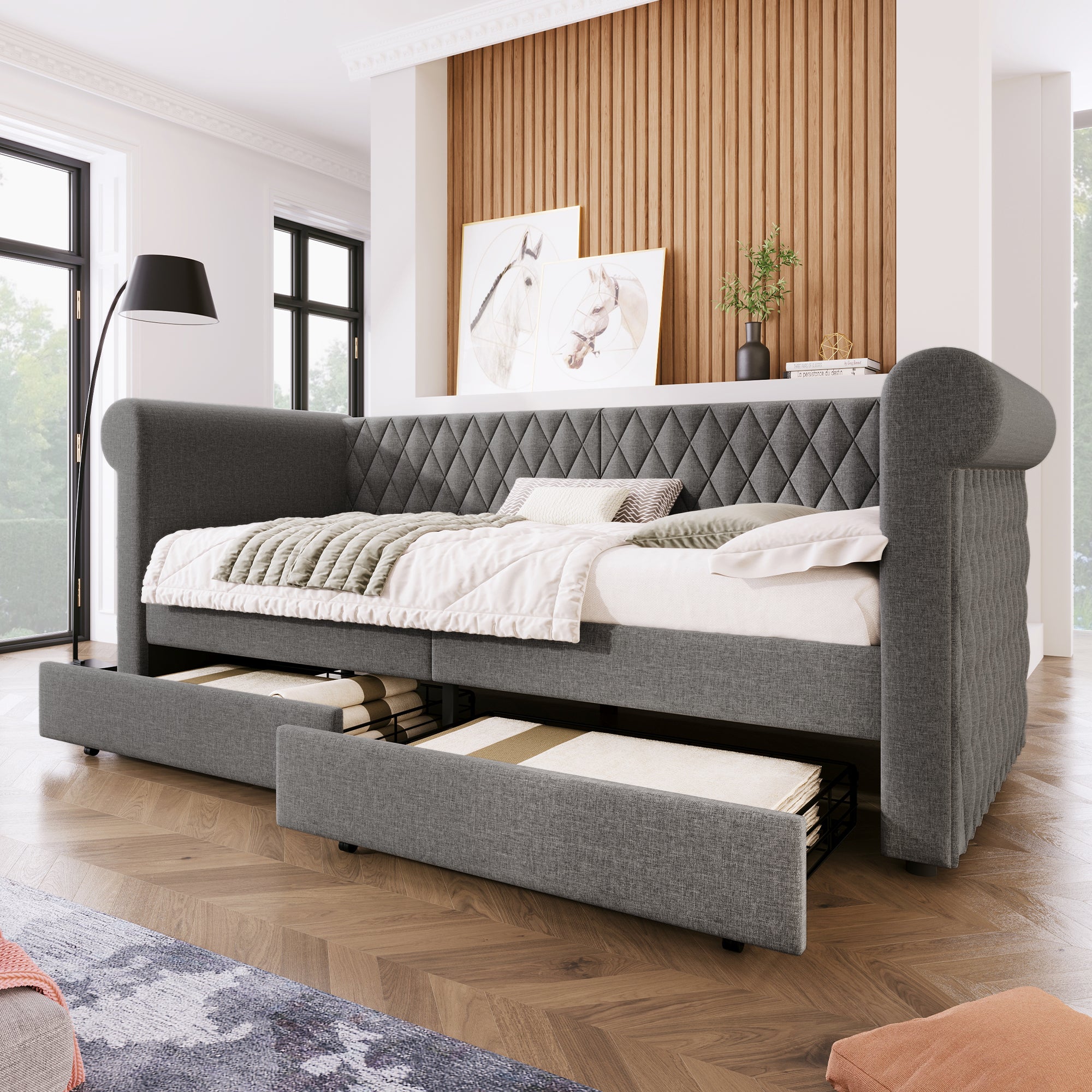 Vintage Headboard Upholstered Bed, 90x200 cm Daybed with 2 Storage Drawers, Linen Gray
