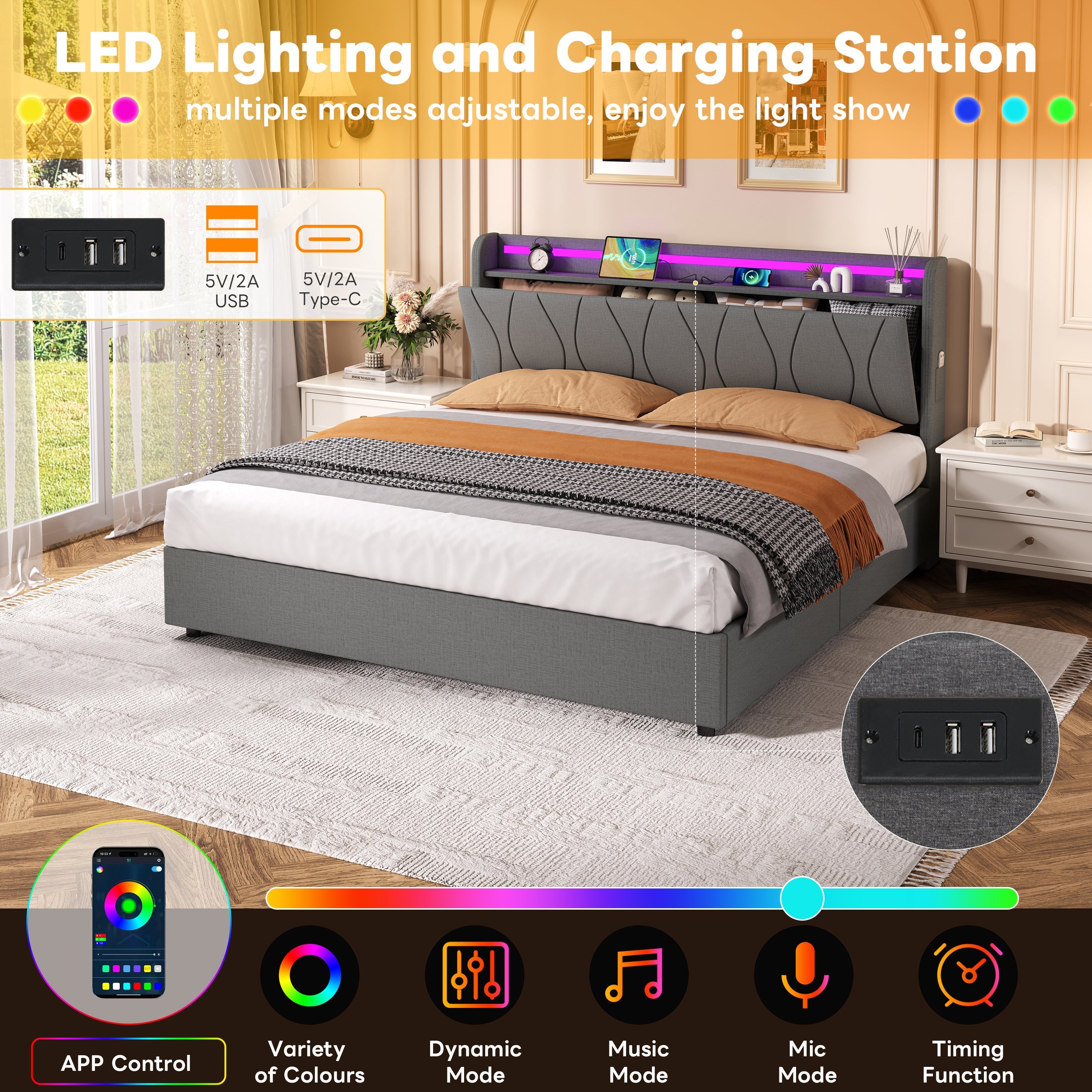 5ft King Upholstered Bed Frame, Hydraulic Storage LED Headboard with Charging Station, Linen Grey