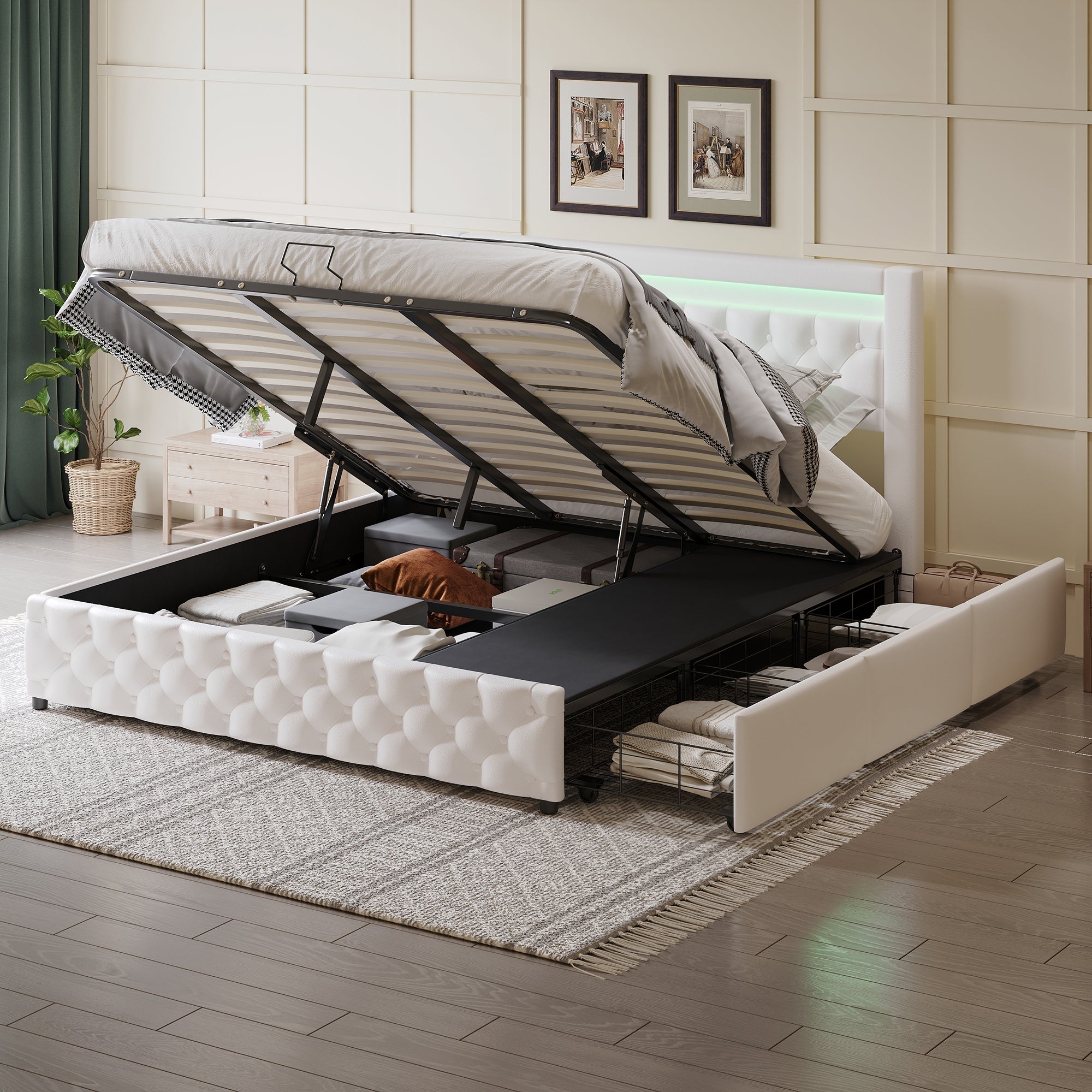 Upholstered Double Bed with LED Lights, Drawers and Slatted Frame, 160x200cm, White PU
