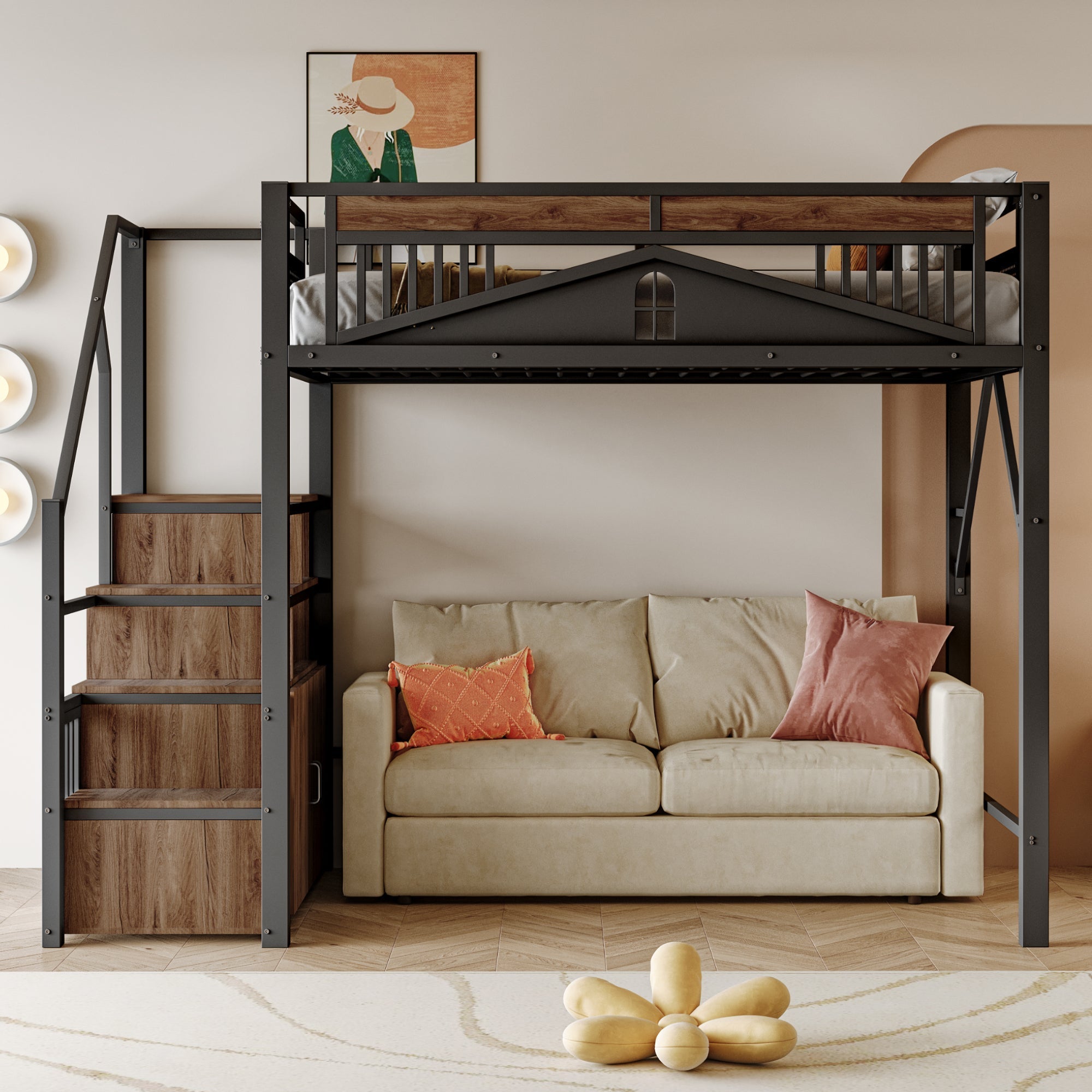 Metal Loft Bed 140x200cm Safety Enclosure with Window Ladder Locker Black