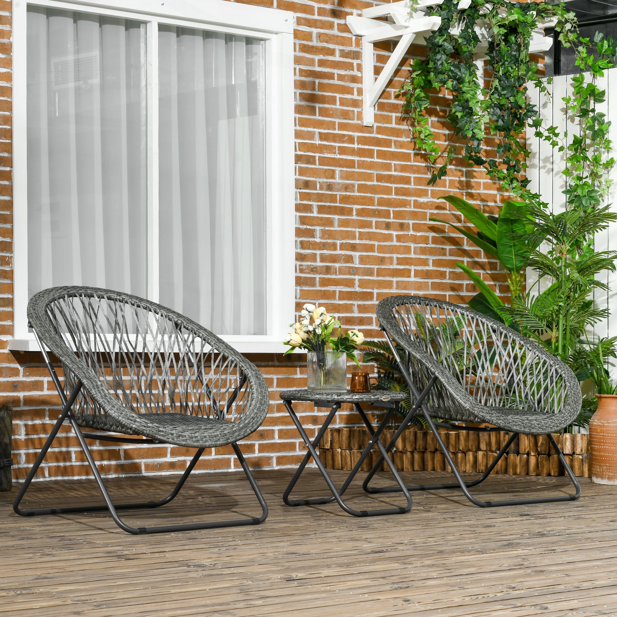 Folding Garden Furniture Balcony Set Coffee Table 2 Chairs, Steel Grey