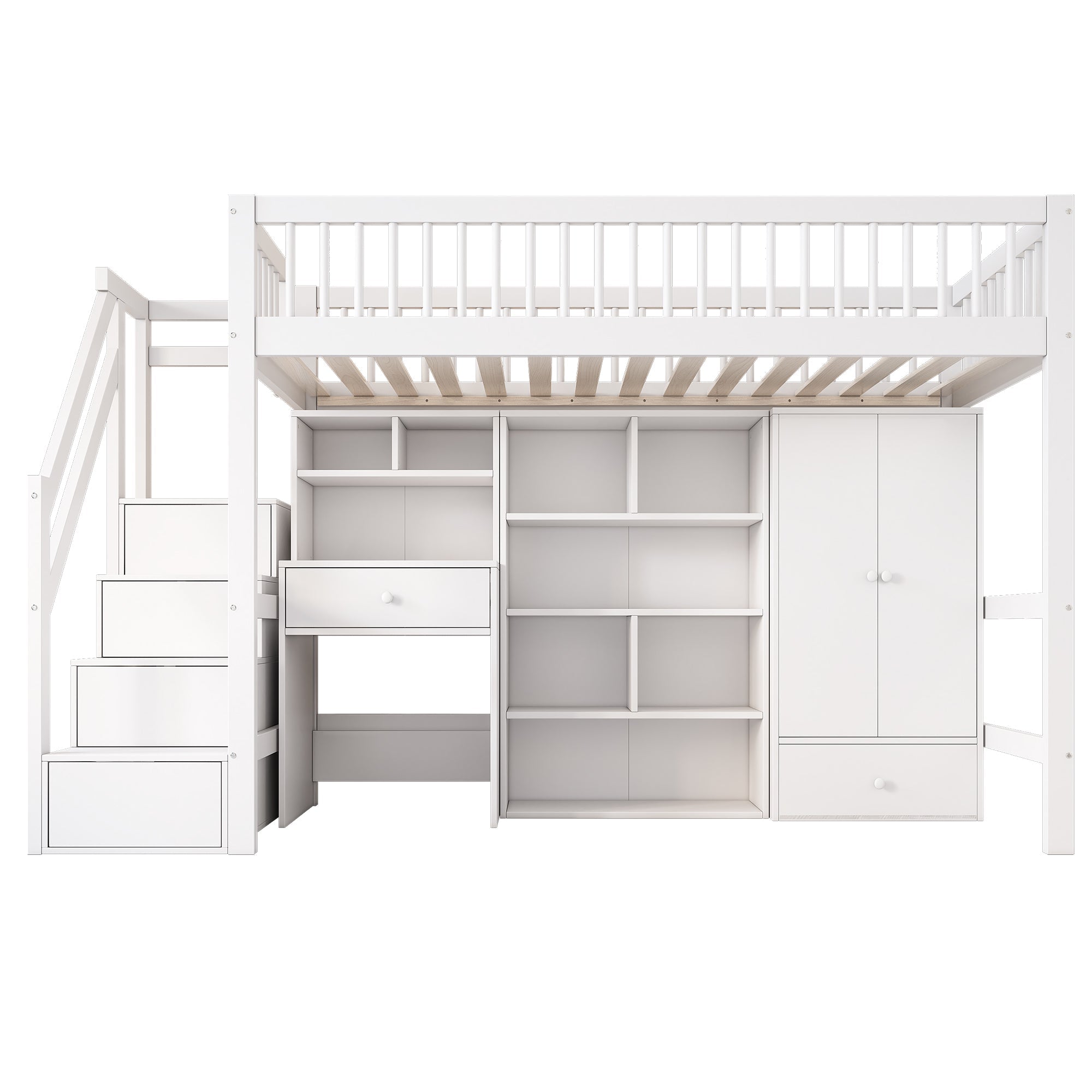 N634P201175W Multifunctional Loft Bed with Reversible Storage Stairs, Desk, and Wardrobe