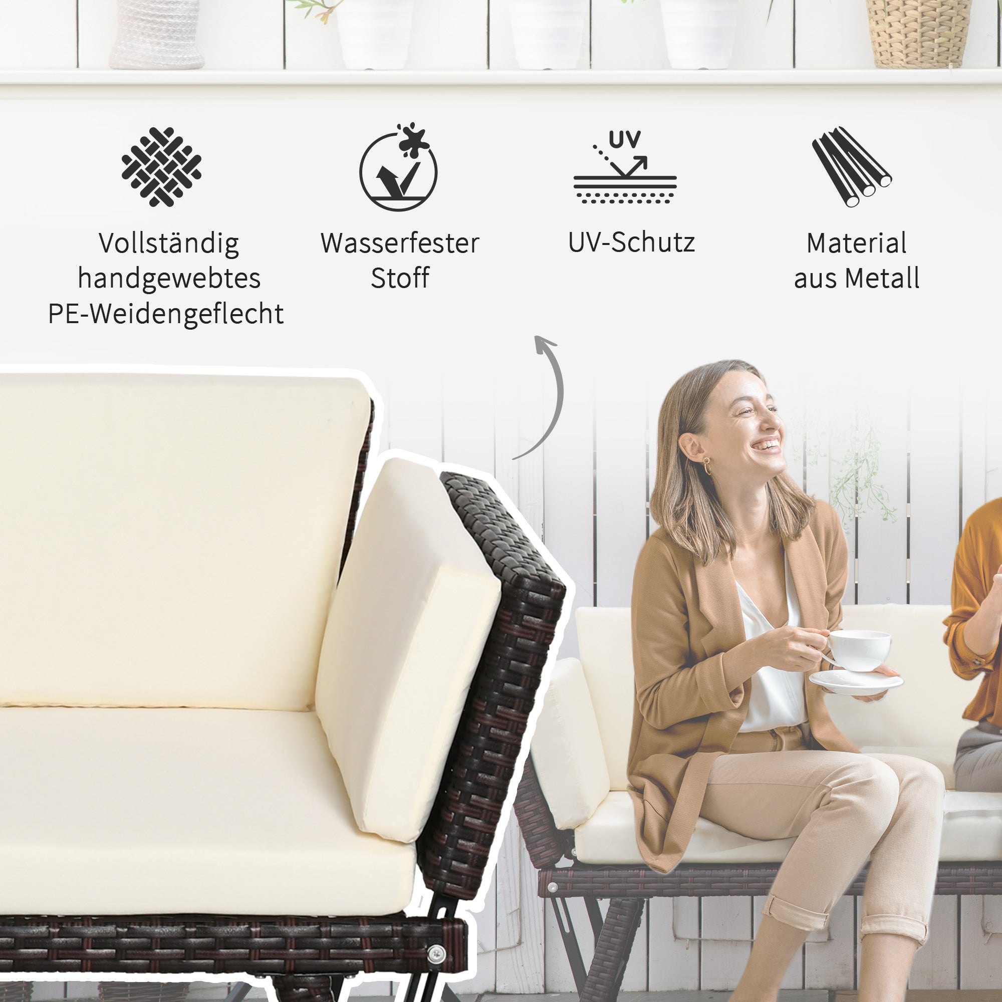 Polyrattan 2-Seater Folding Lounge Sofa with Armrests, Steel Brown
