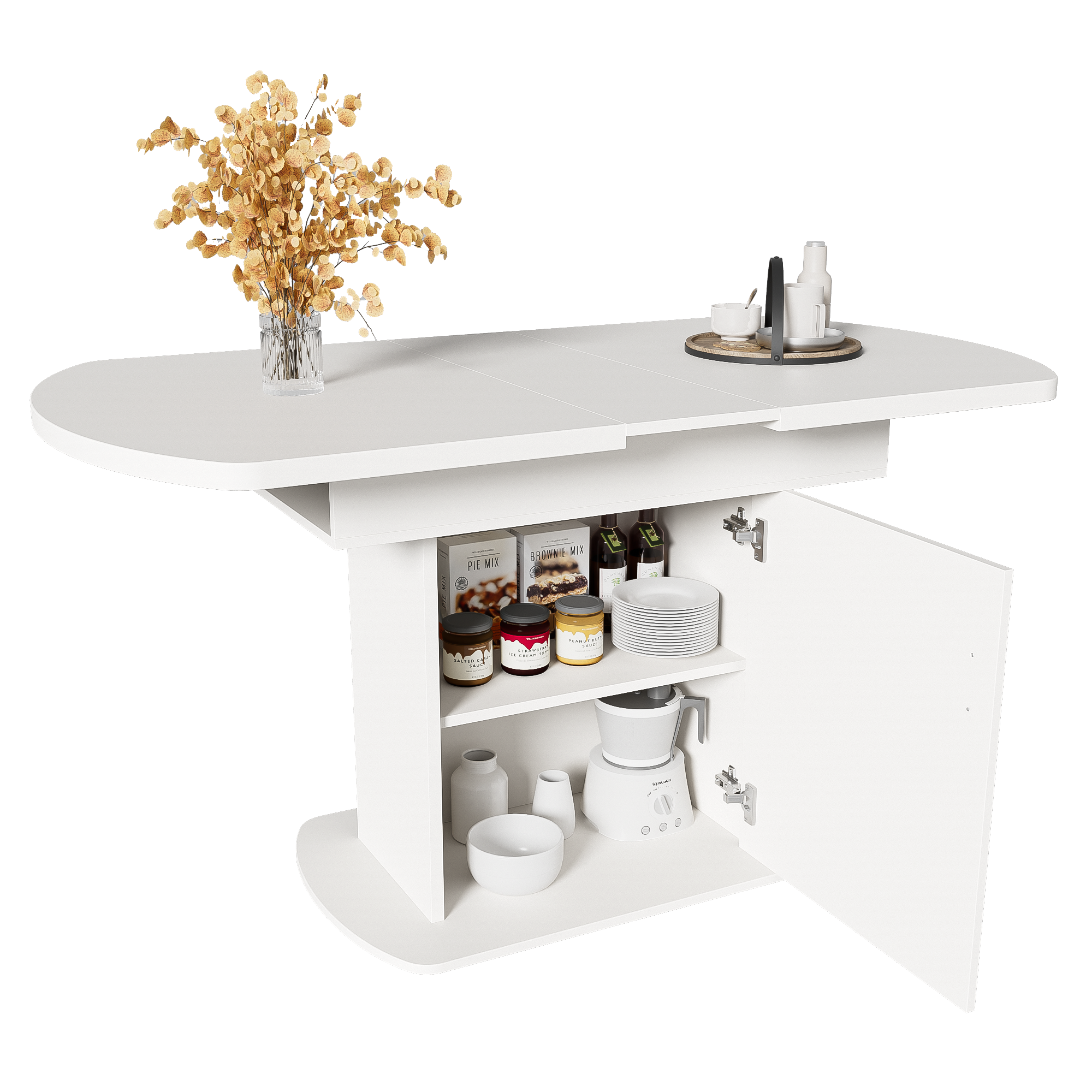 Extendable Oval Dining Table Modern Minimalist Storage Space-saving White