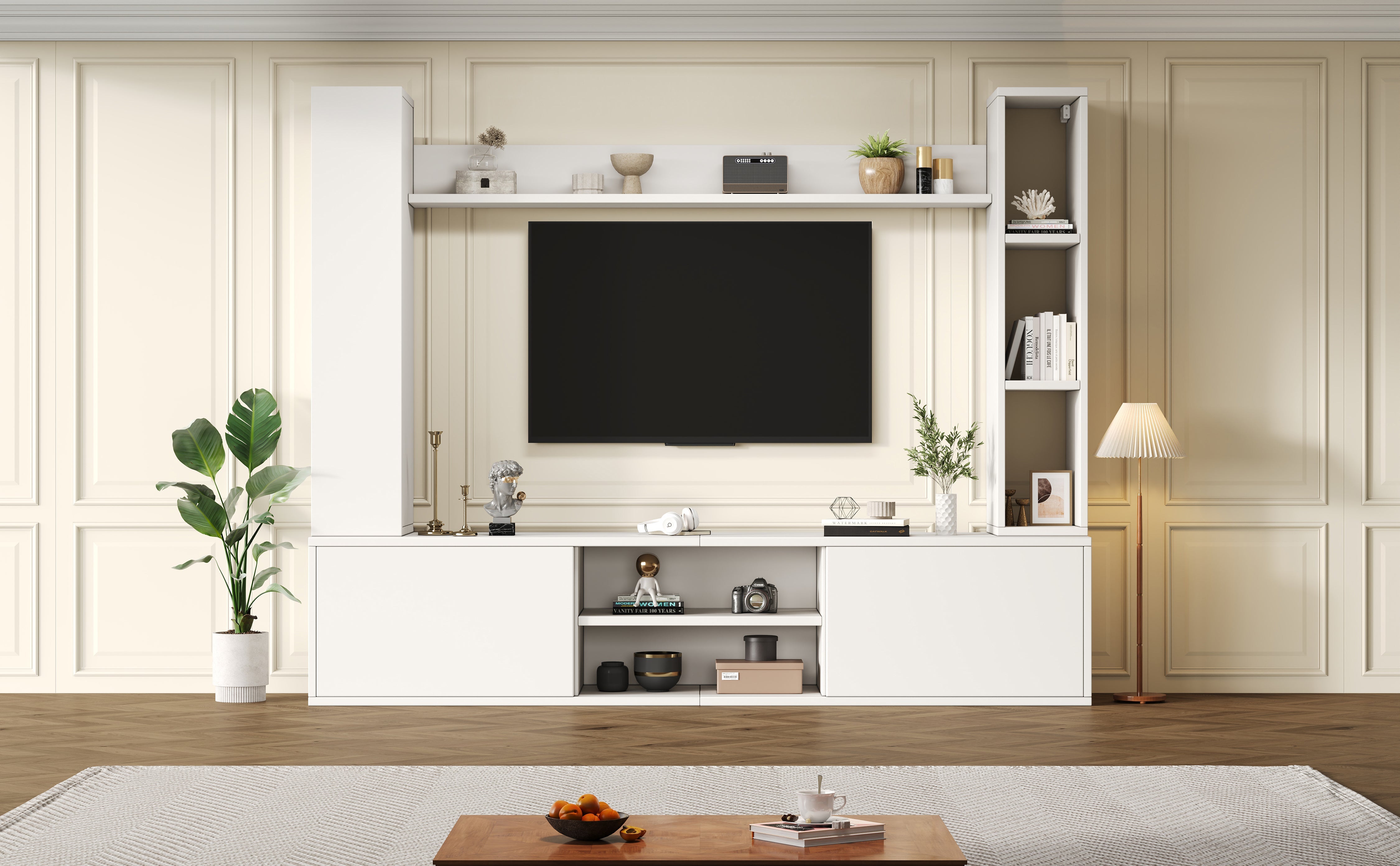 TV Wall Unit Set, 4-Piece Media with Display Cabinets, TV Board, Shelves, White