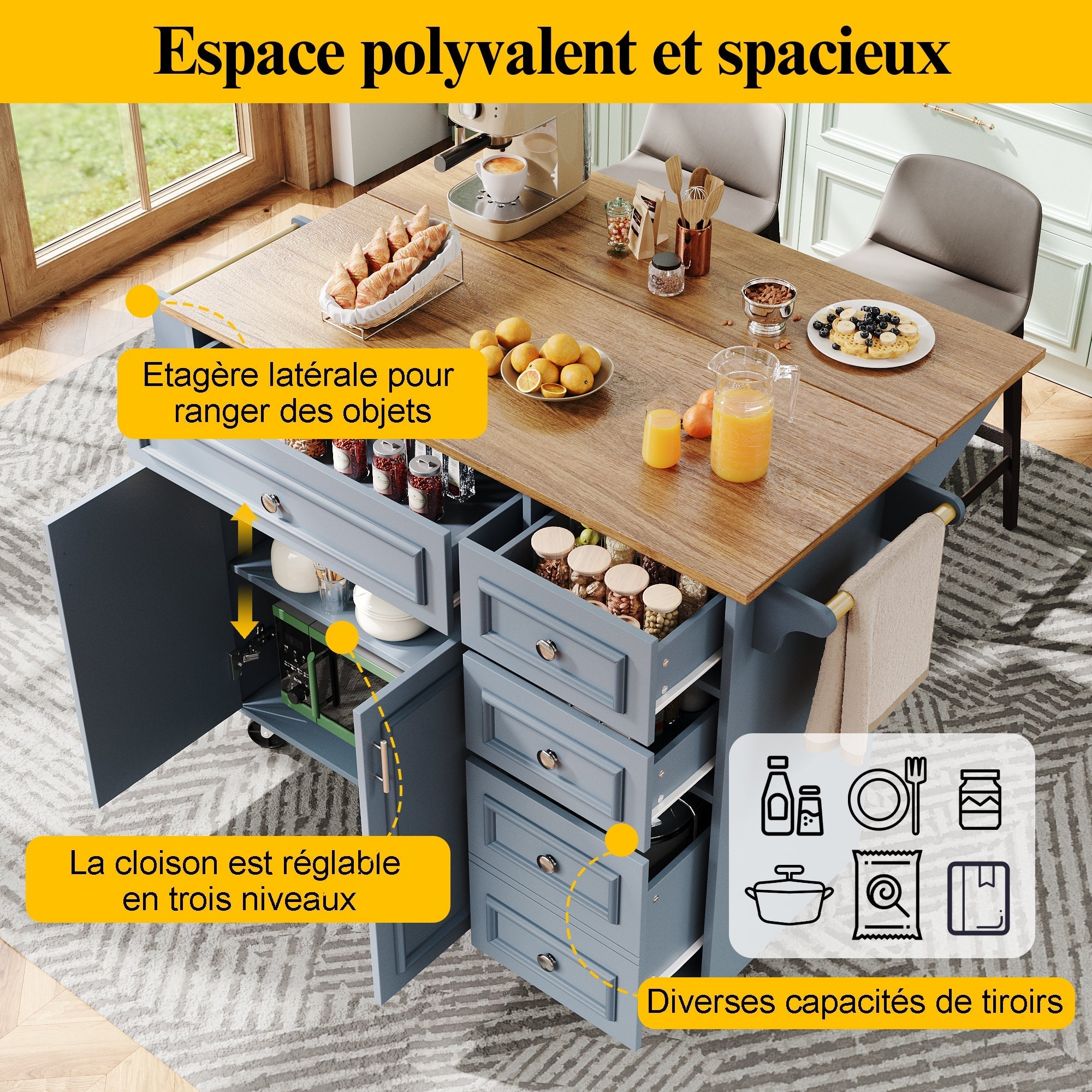 Kitchen Island 110cm Extendable Dining Table with Storage & Removable Trolley, Blue