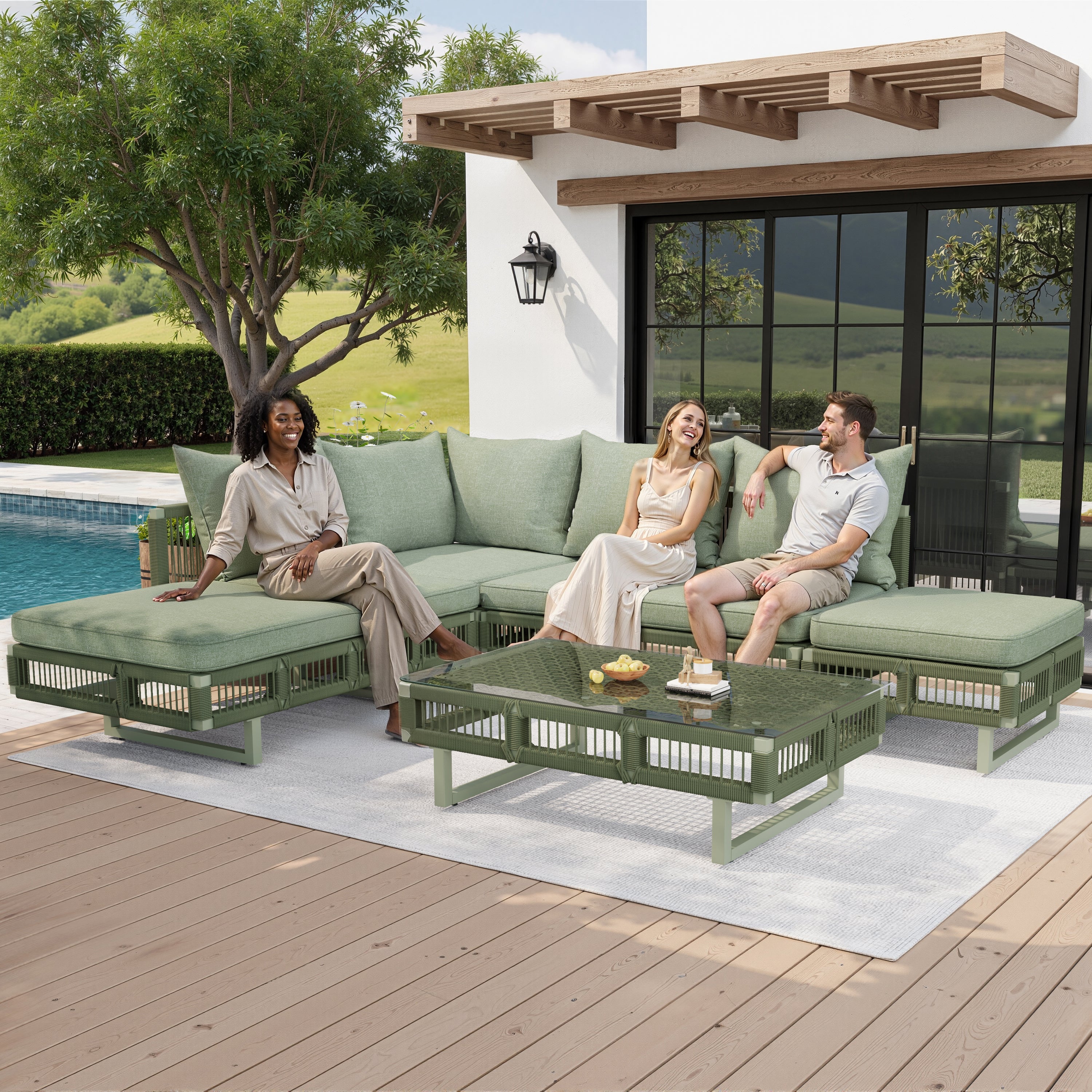 Outdoor Seating Group with Rope Weave, Adjustable Feet and Glass Coffee Table, Beige/Green