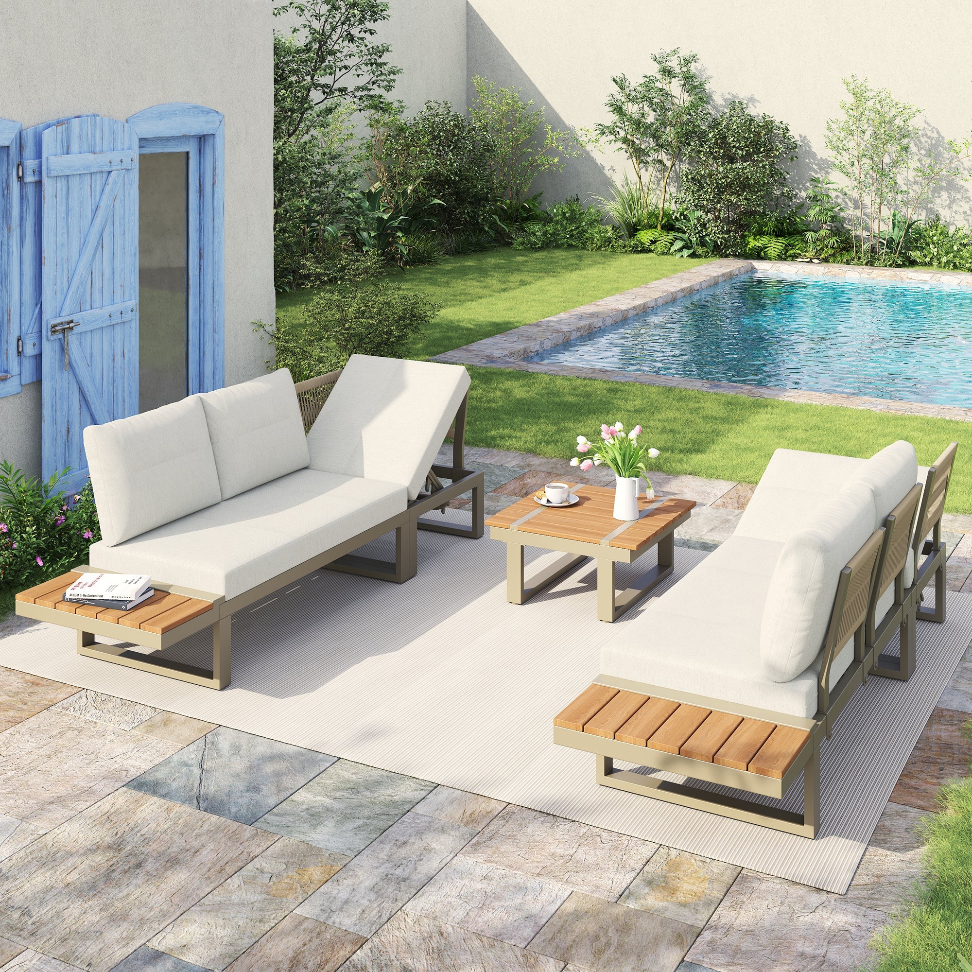 Garden Furniture Set with 2 Convertible Reclining Beds and Coffee Table, Beige