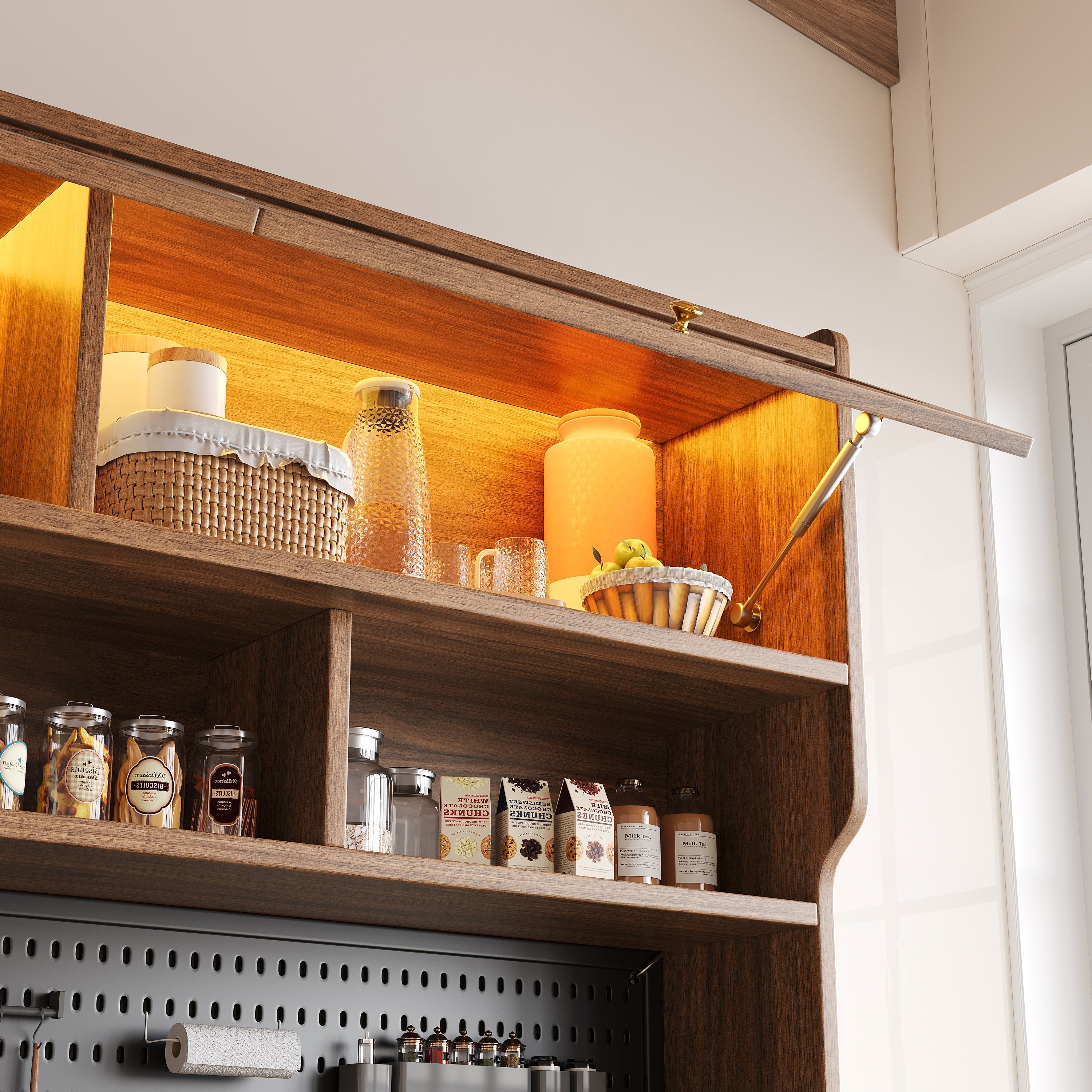 Modern Tall Sideboard 145x171cm with LED Lighting, App Control & Storage - Walnut