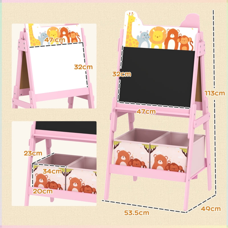 2 in 1 Kids Easel Whiteboard Chalkboard Storage Boxes Pink