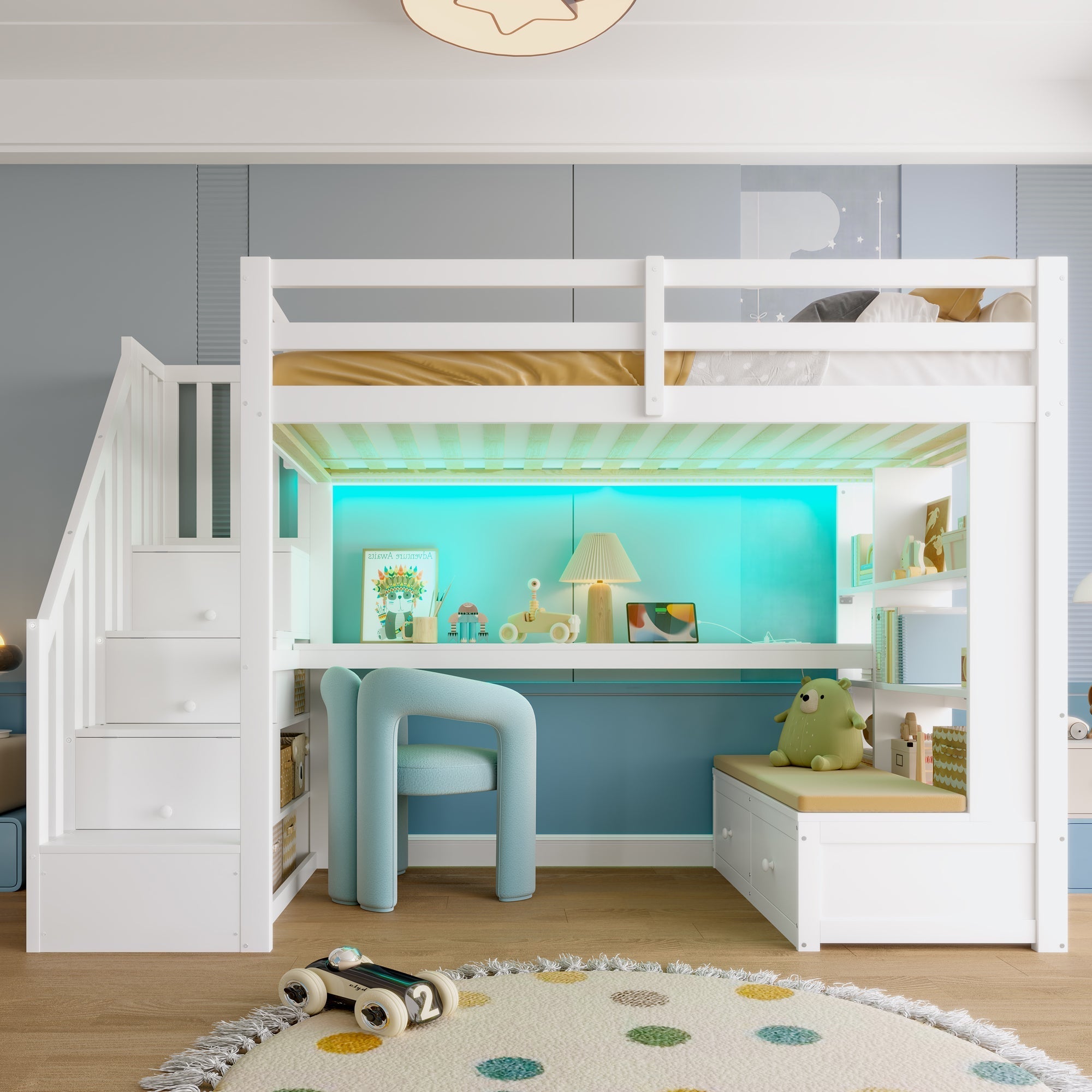 Loft Bed 90x200cm Desk Shelves Drawers Storage Stairs White