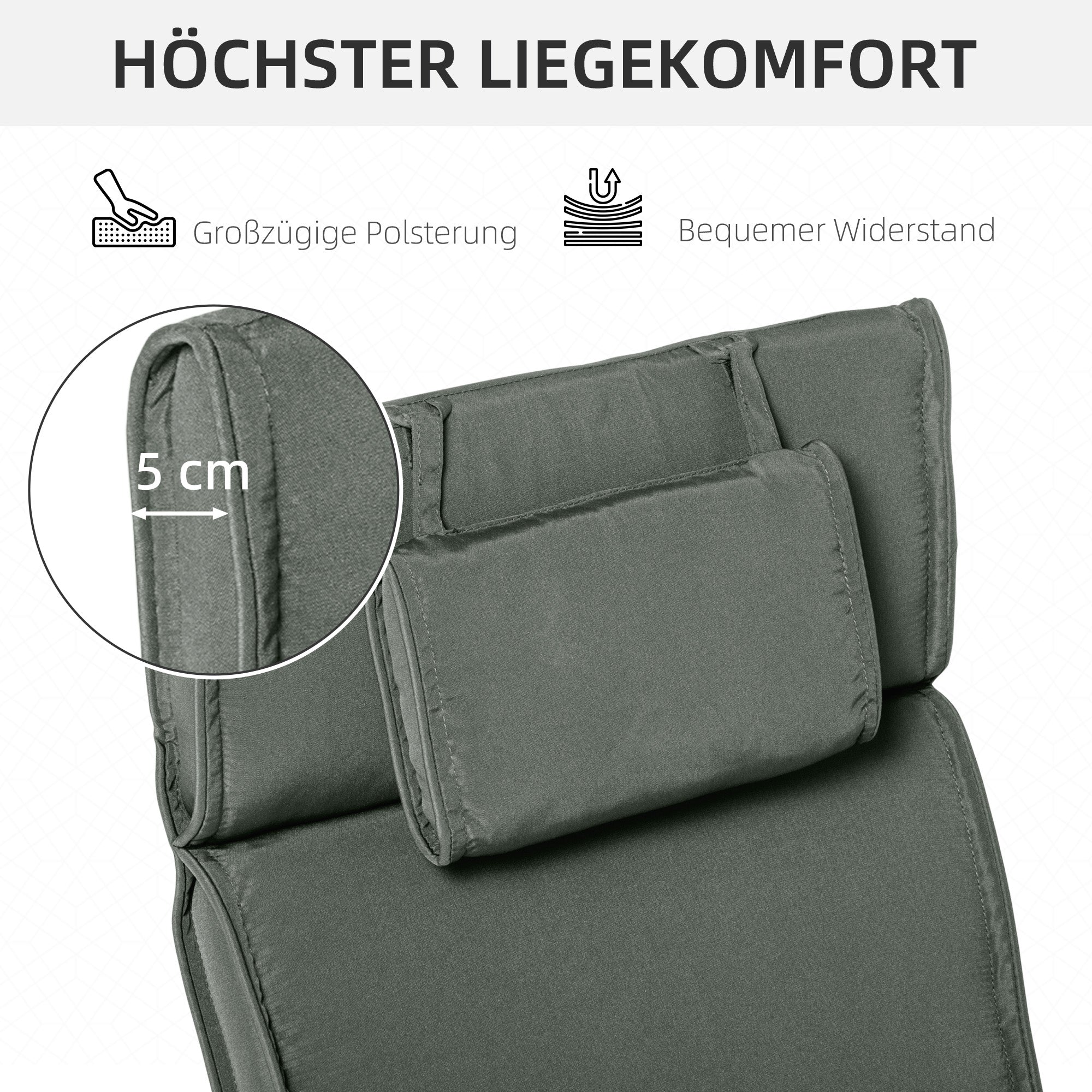 Lounger Cushion, Garden, Removable Headrest, Polyester Cotton Fibre, Grey