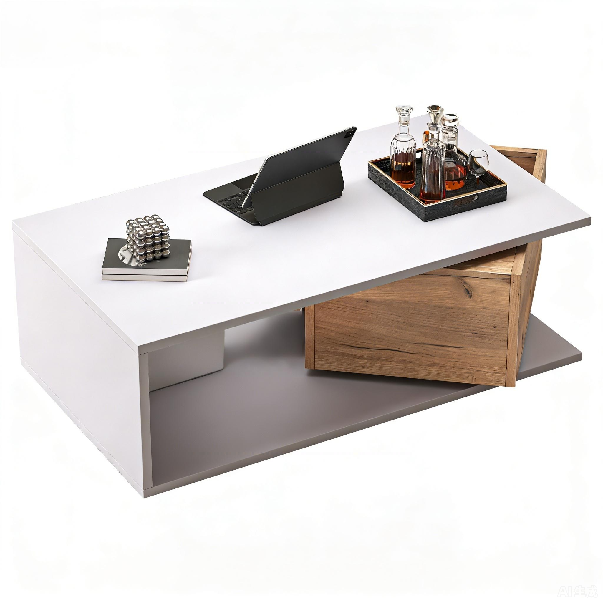 Coffee Table High-Gloss 360° Rotating Drawer Storage 90x50x30cm - White/Wood