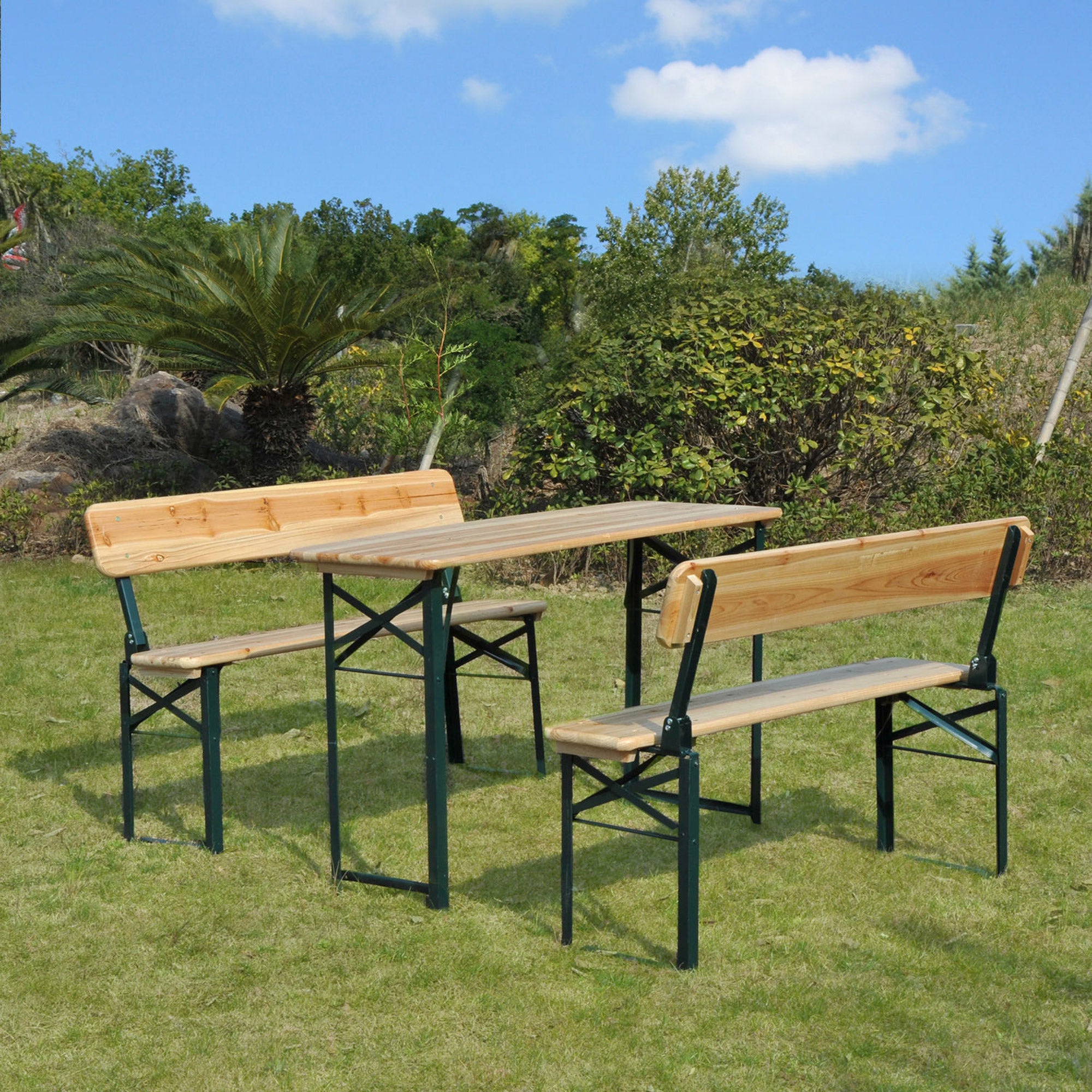 Portable Folding Picnic Trestle Table and 2 Bench Set, Wooden