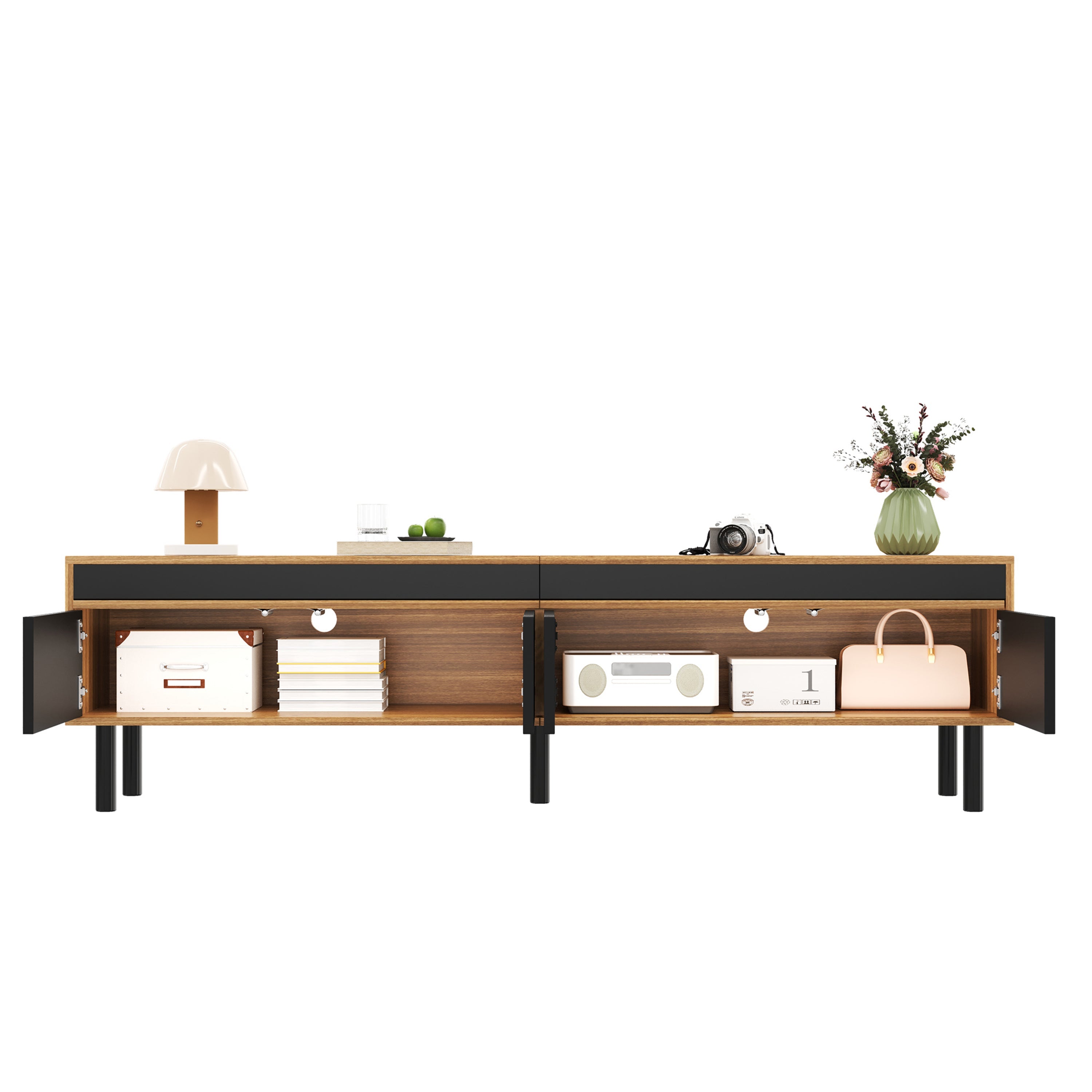 TV Cabinet with TV Panel, 4 Doors, Fine Texture, Black or Natural Wood