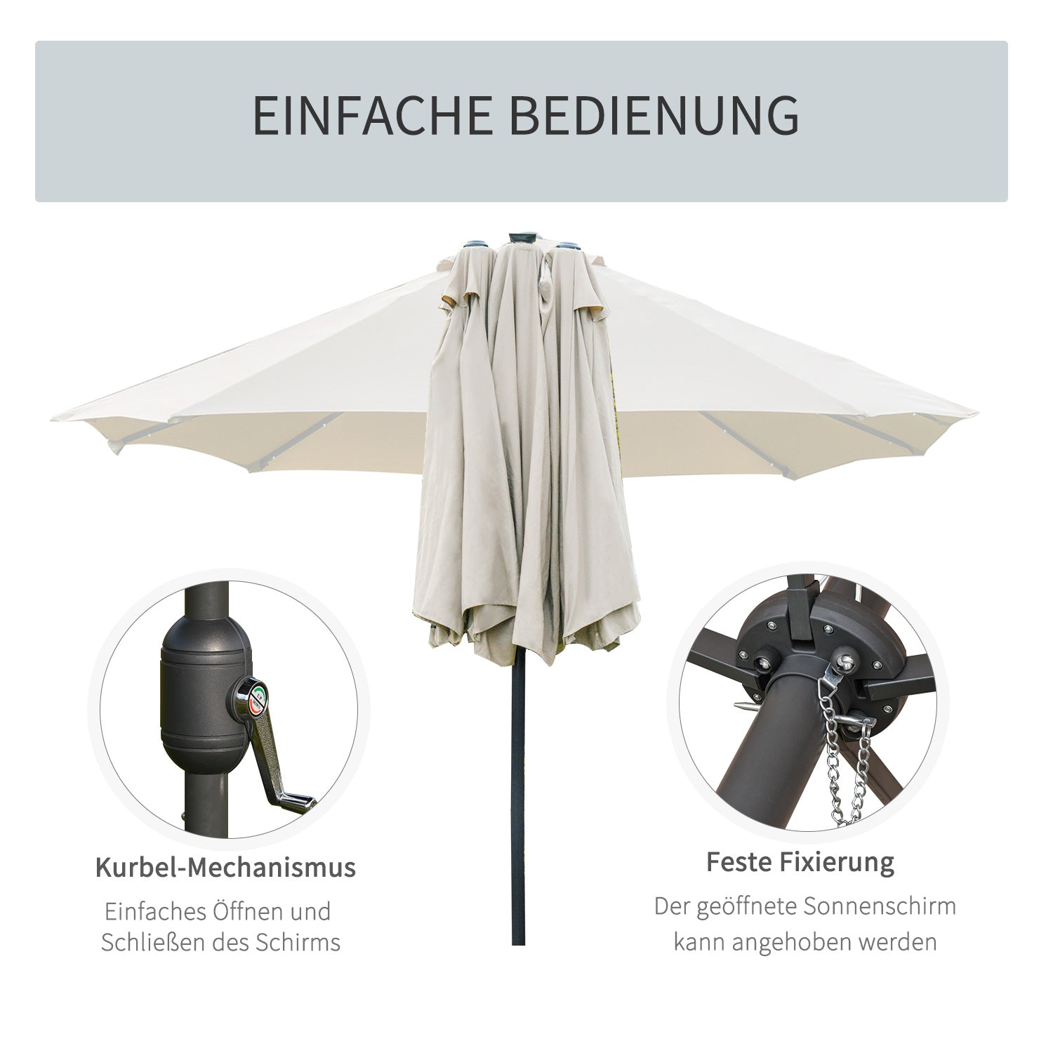 Double Parasol LED, 440 x 256 cm, Hand Crank, Cream White