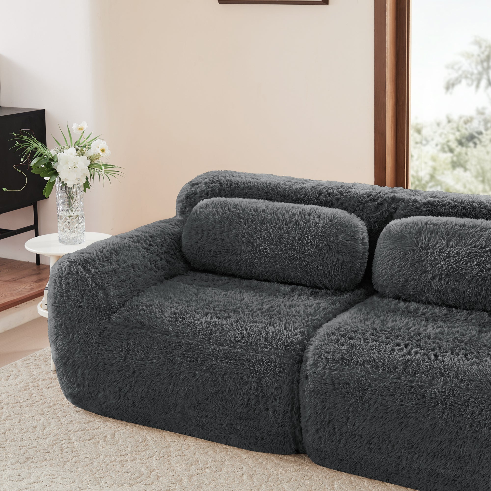 2-seater Sofa Frameless Modular Design Plush Fabric Grey