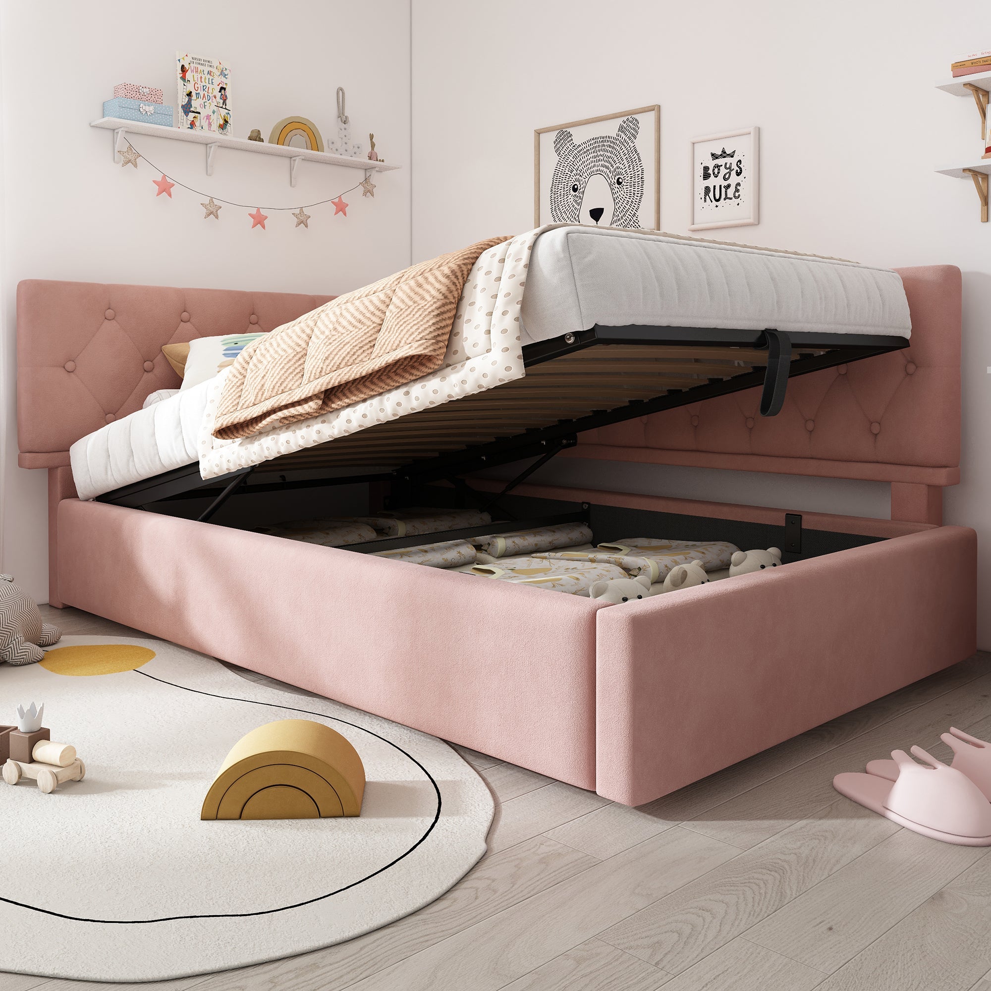 Upholstered Daybed, 90x190cm Sofa Bed with Hydraulic Storage, Velvet Pink