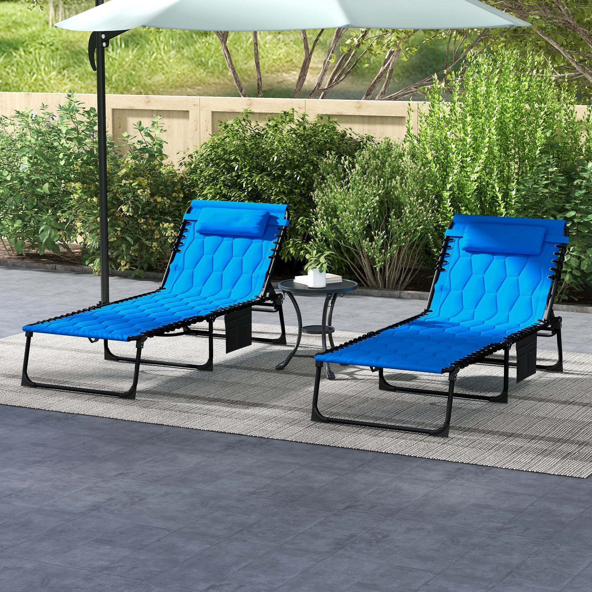 Set of Two Sun Loungers, Five-Position Reclining Backs - Blue