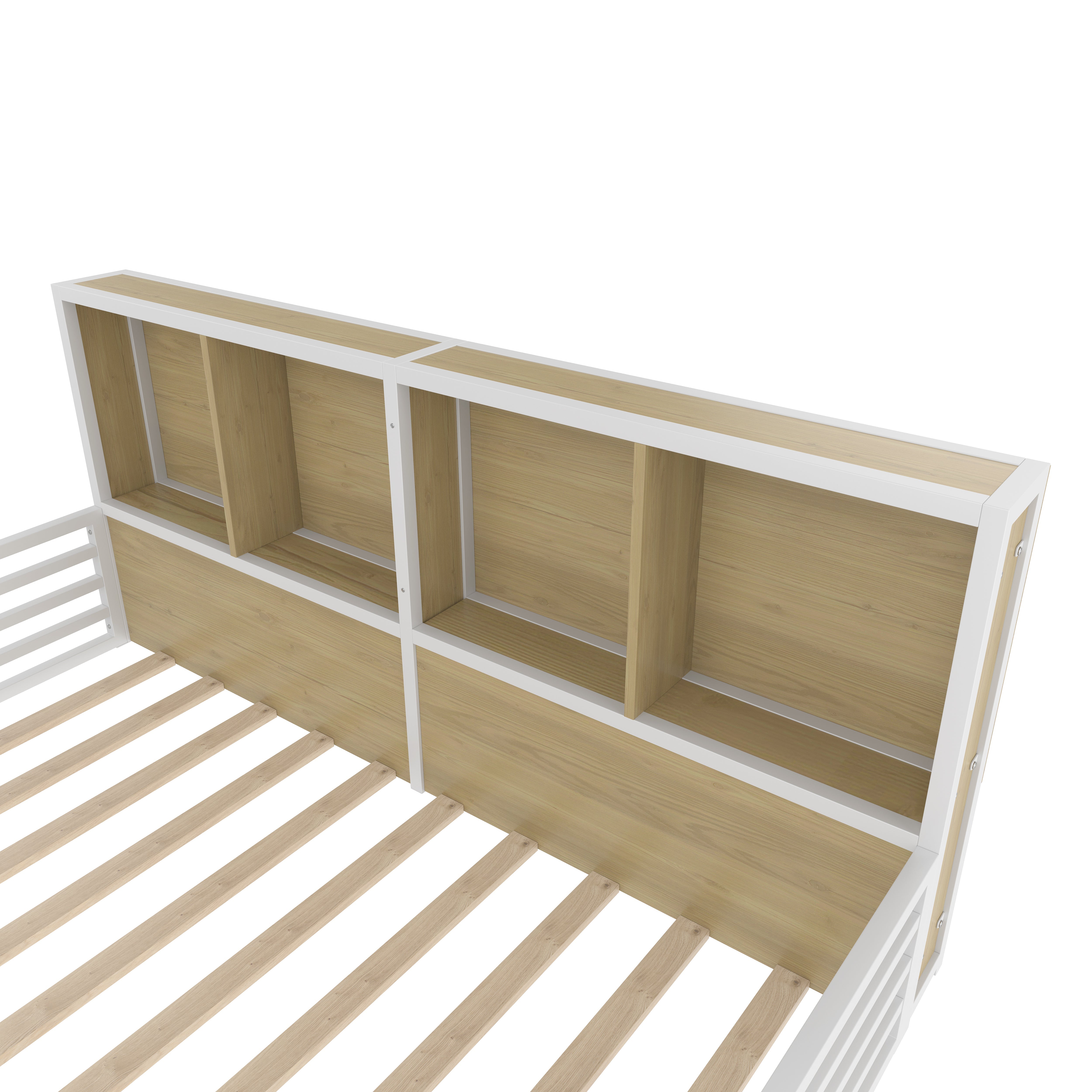 Fence Daybed with Storage Compartment and Railing, 140 x 200cm, White Metal and MDF