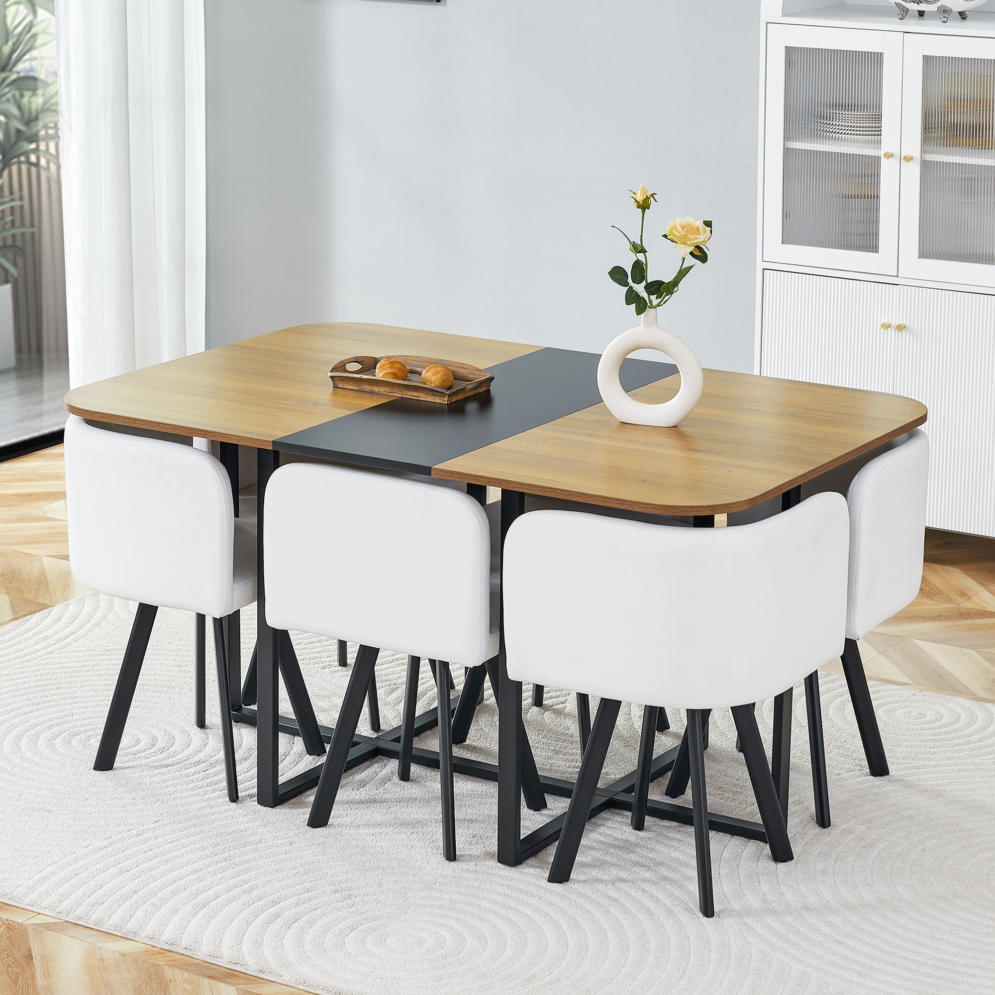 Dining Table Set Extendable Table Stowable Chairs 4-6 Seater - Wood Grain/Black Metal