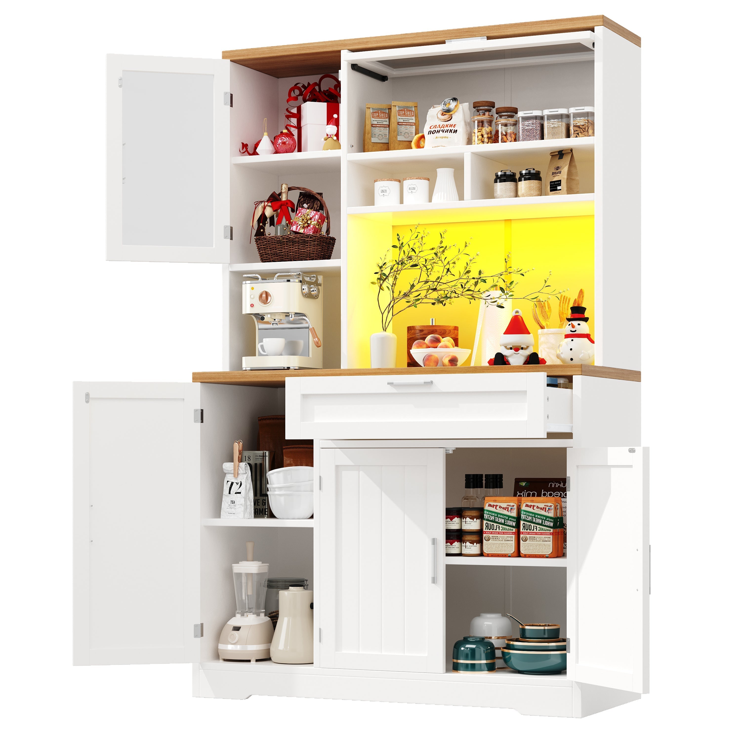 Tall Kitchen Cabinet Display Case with LED Lighting and Glass Doors, White and Black