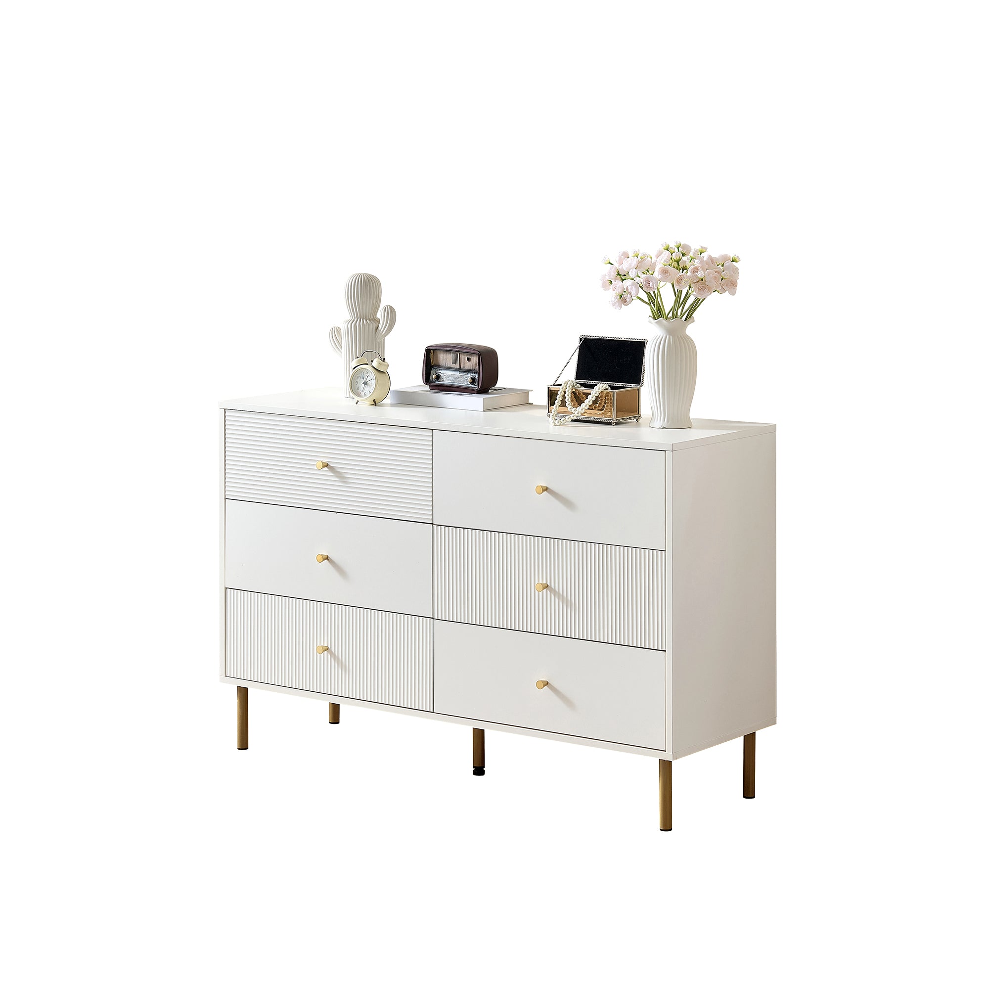 Chest of Drawers, 6-Drawer Storage with Steel Legs, White MDF