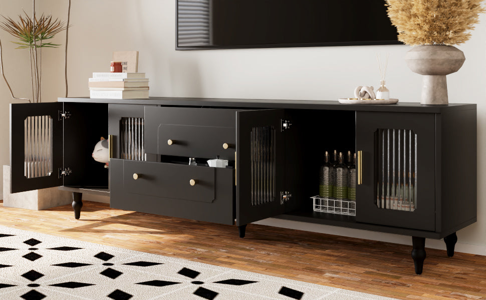TV Cabinet, Retro Lowboard with Gold Handles, Glass Door, Solid Wood Legs