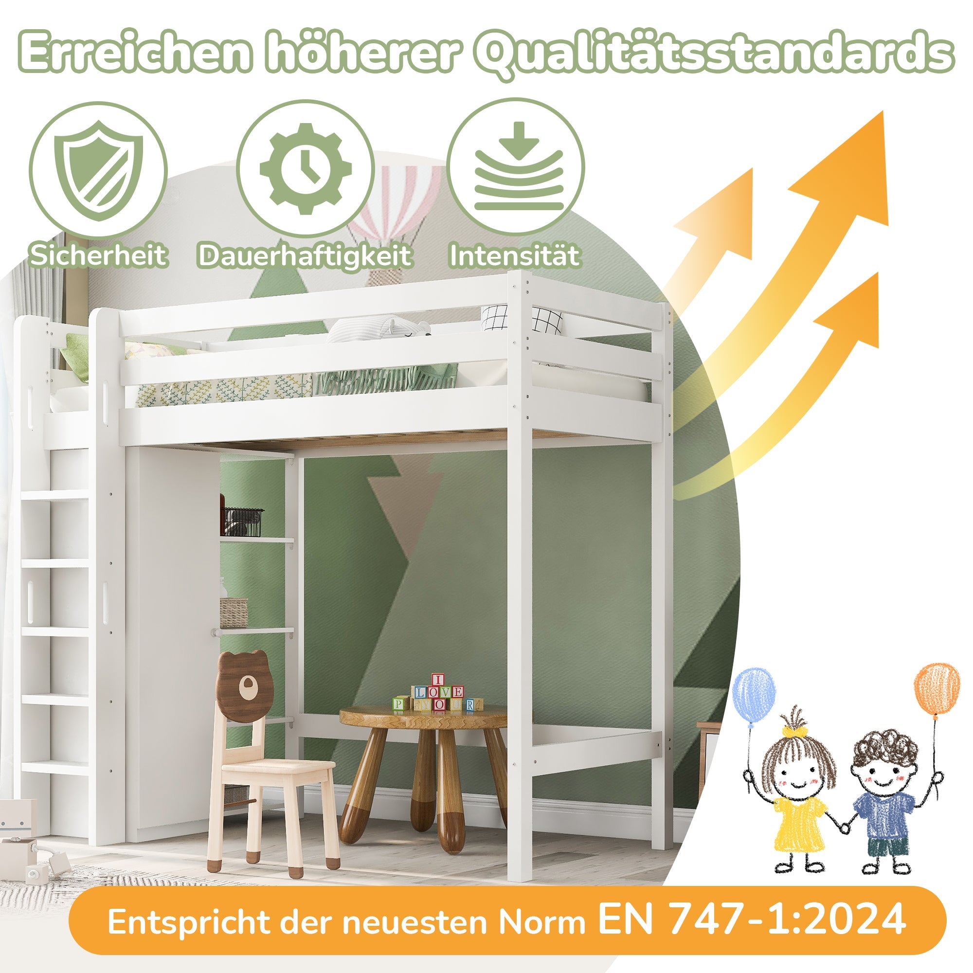 Children's Loft Bed, 90x200 cm Single with Wardrobe & 6 Shelves, White