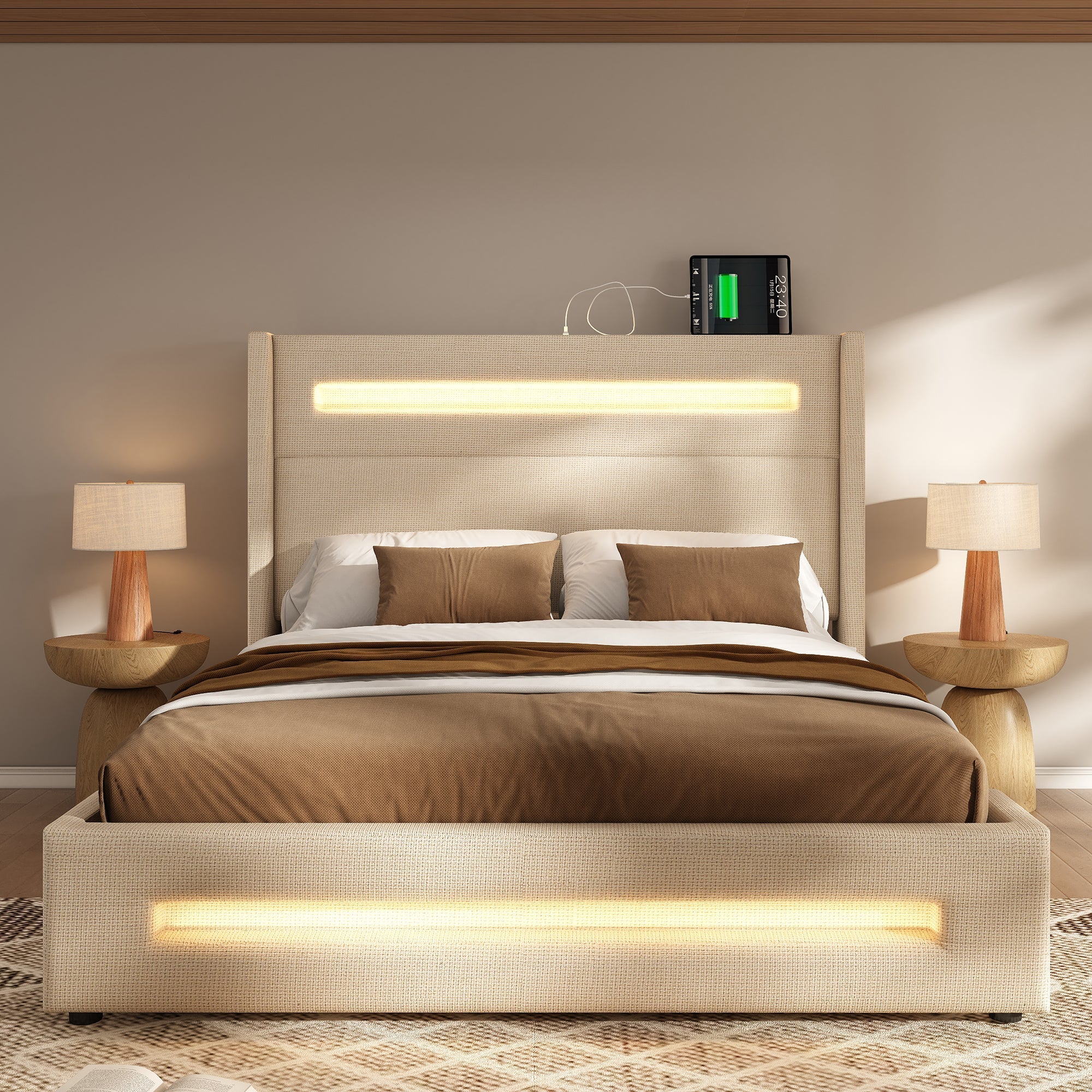 Upholstered Double Bed, 160x200cm LED Hydraulic Storage with USB-C, Beige Linen