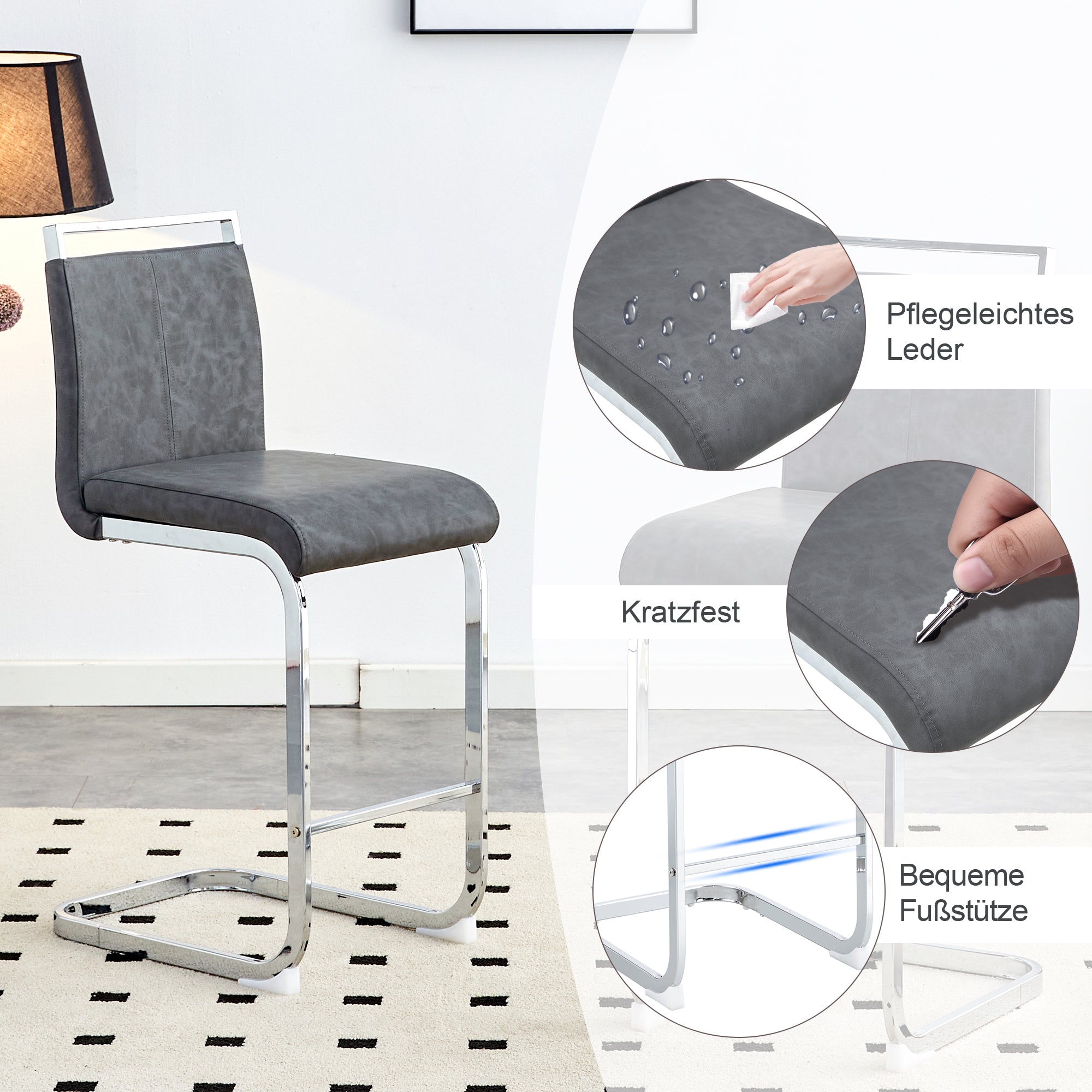 Bar Stools (Set of 2) Nordic Style High-Quality - Grey PU