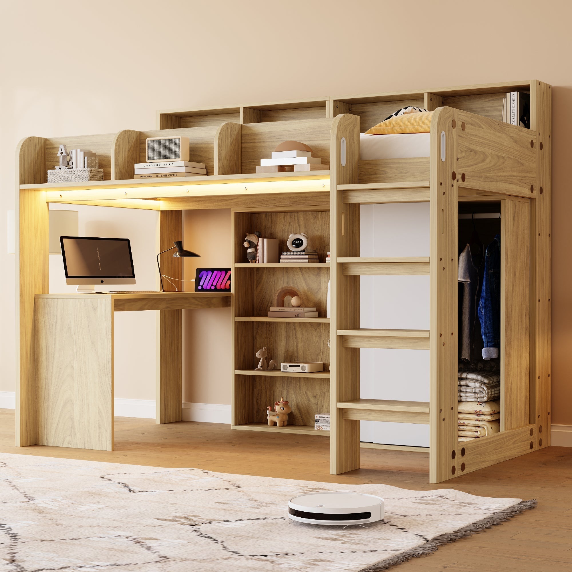 Multifunctional Loft Bed with Desk, Wardrobe, LED Lighting and Power Outlet, Wood Color