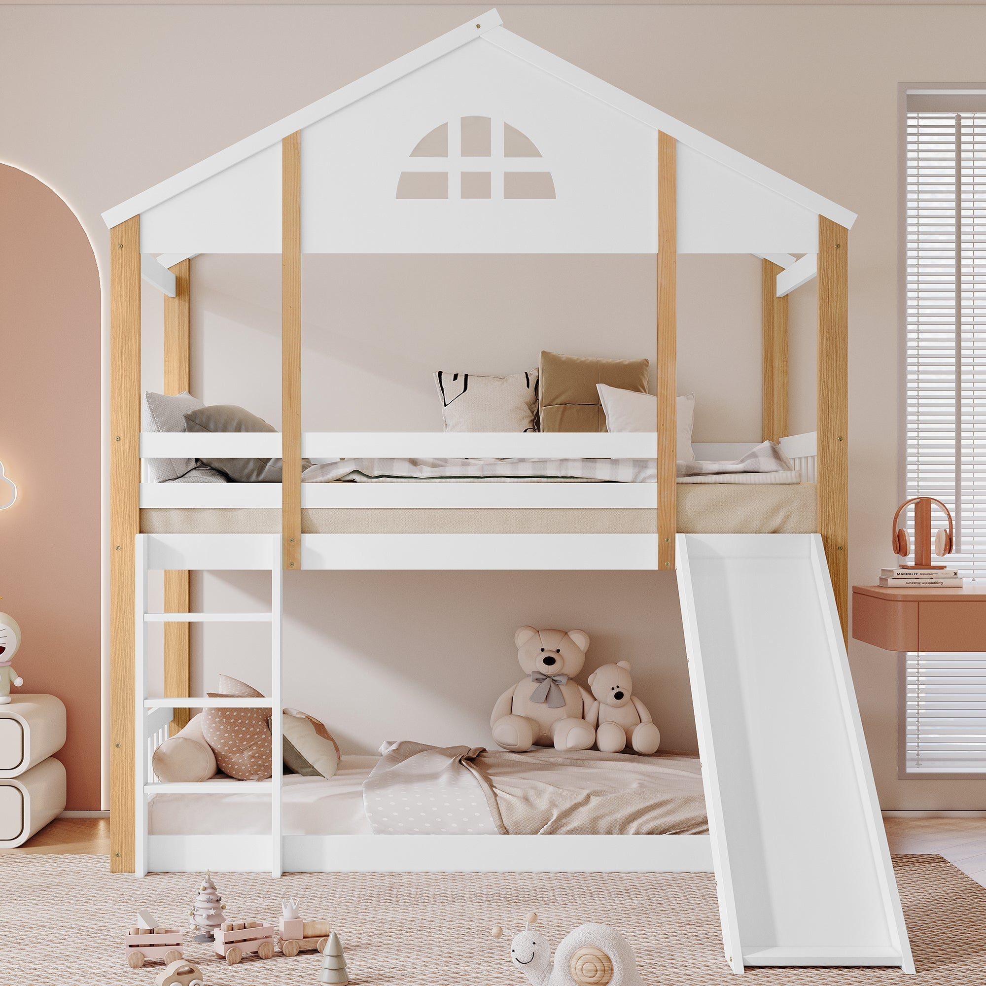 Bunk Bed with Windows, Slide, Safety Railings, 90x200cm, Solid Wood, White/Natural