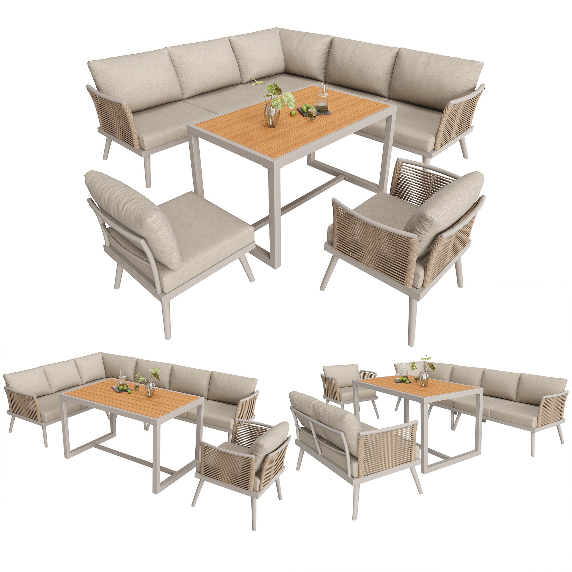 L-Shaped Garden Sofa Set with Coffee Table and Armchair, Seven-Seater Weatherproof Iron, Grey and Beige