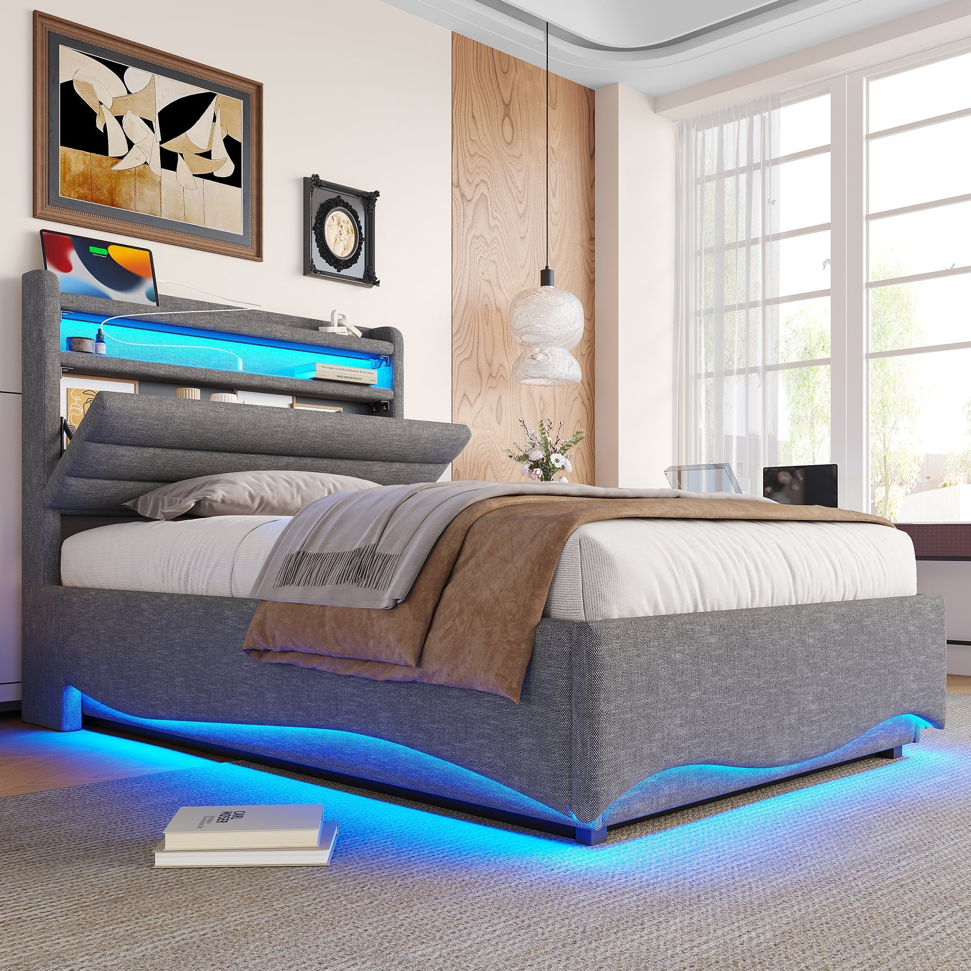 Upholstered Bed with LED Lighting, Hydraulic Storage and USB Ports, Grey Linen Fabric