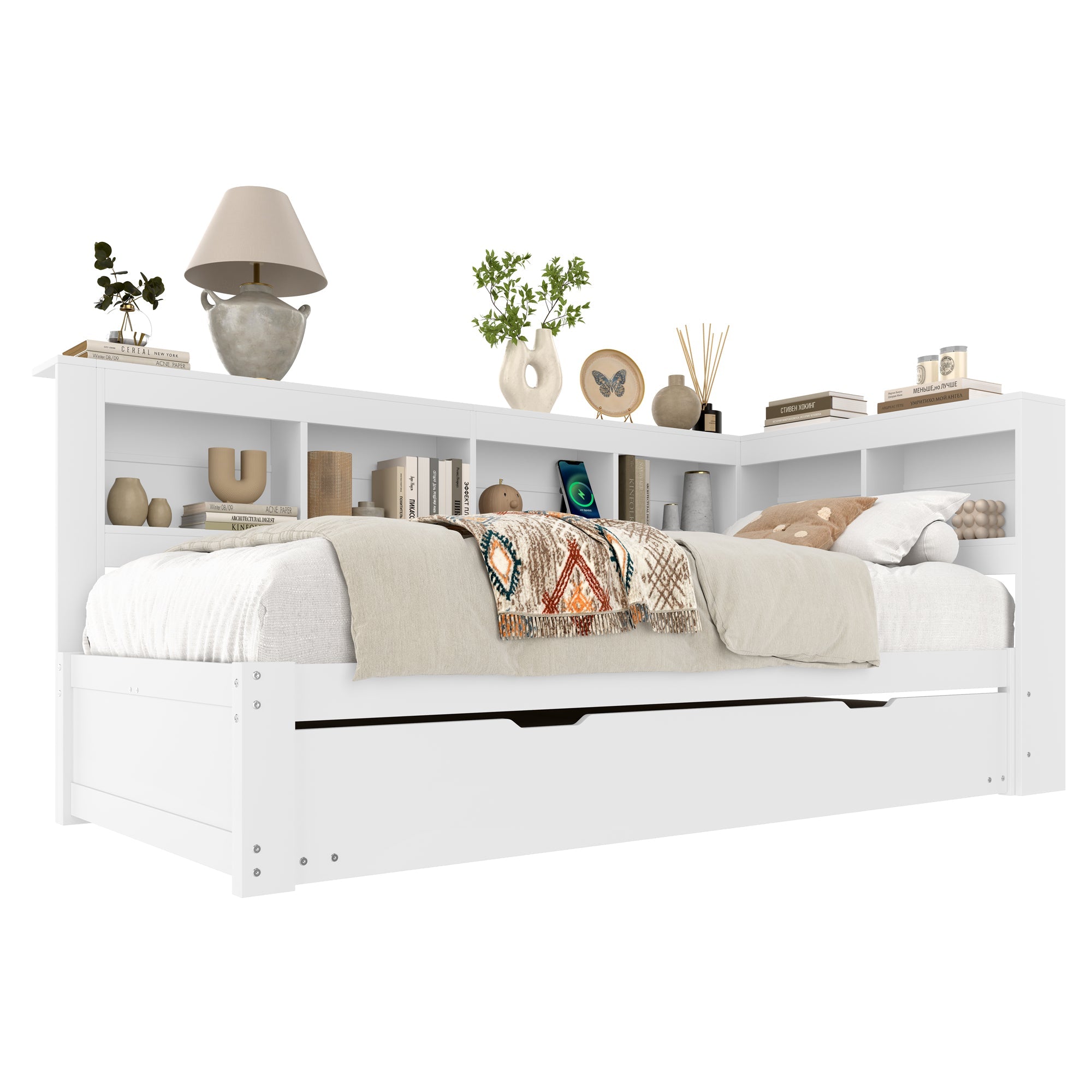 Daybed with Pull-Out Bed, 90x200cm, Power Outlet and 2 USB Ports, White Chipboard