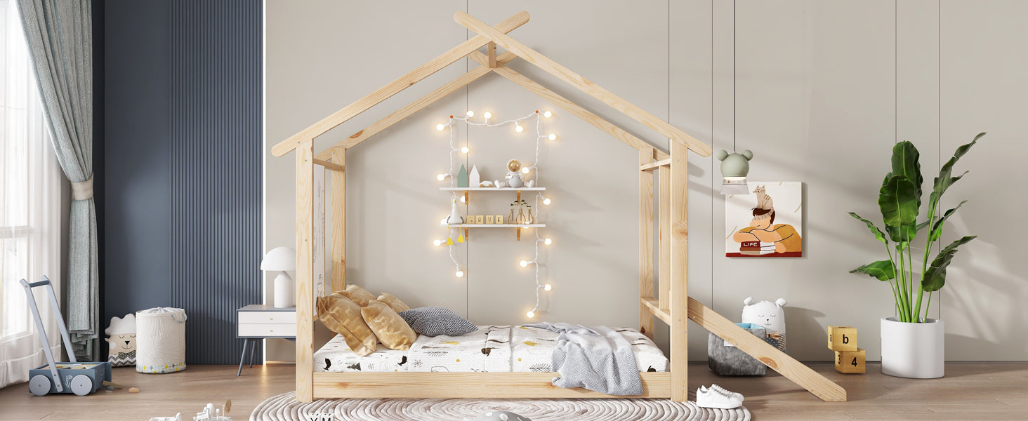 Wooden Bed, Single with Slide, Roof Design & Whiteboard, Pine + MDF + Plywood