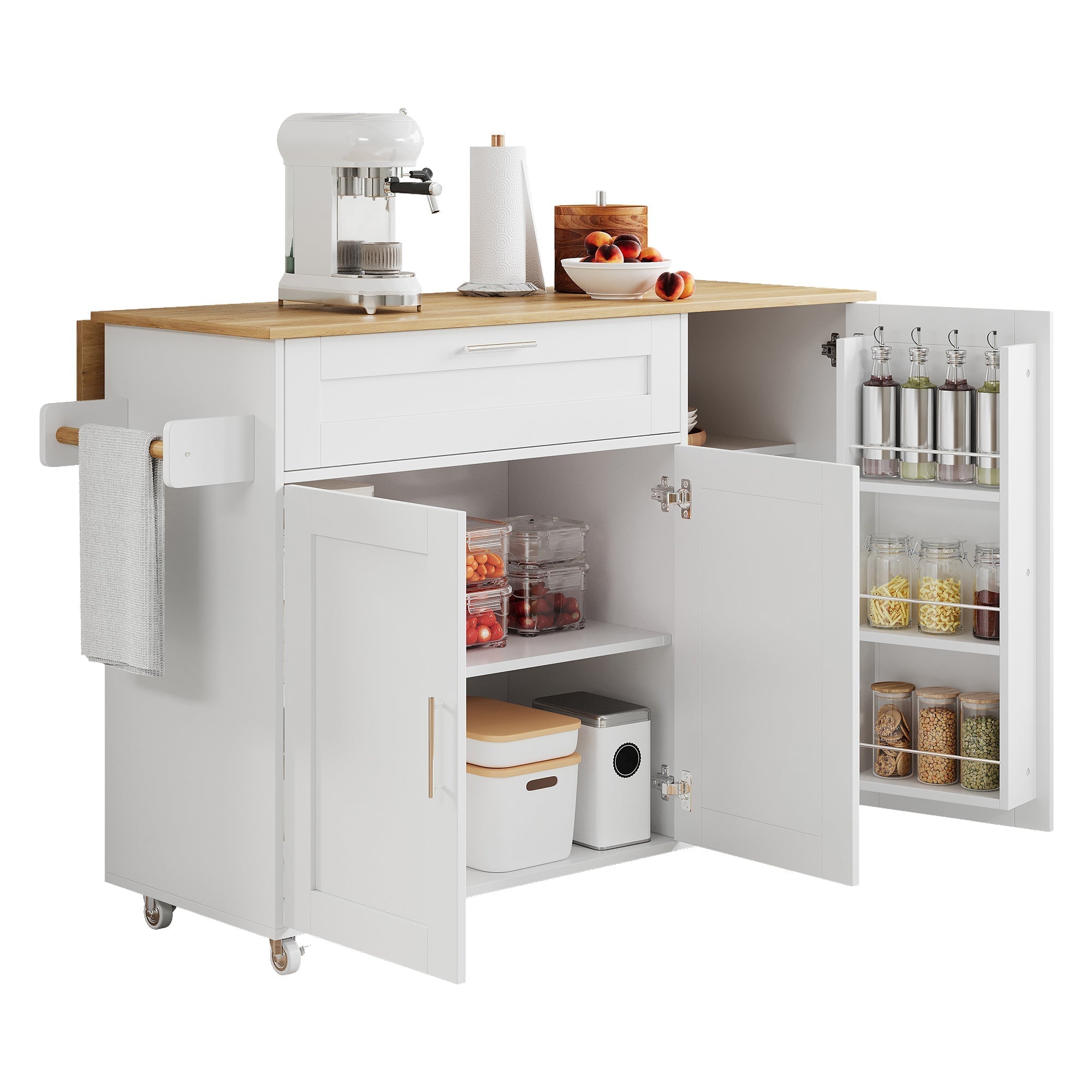 Mobile Kitchen Table 132.5cm Folding Worktop Storage Spice/Towel Rack - Oak Grain