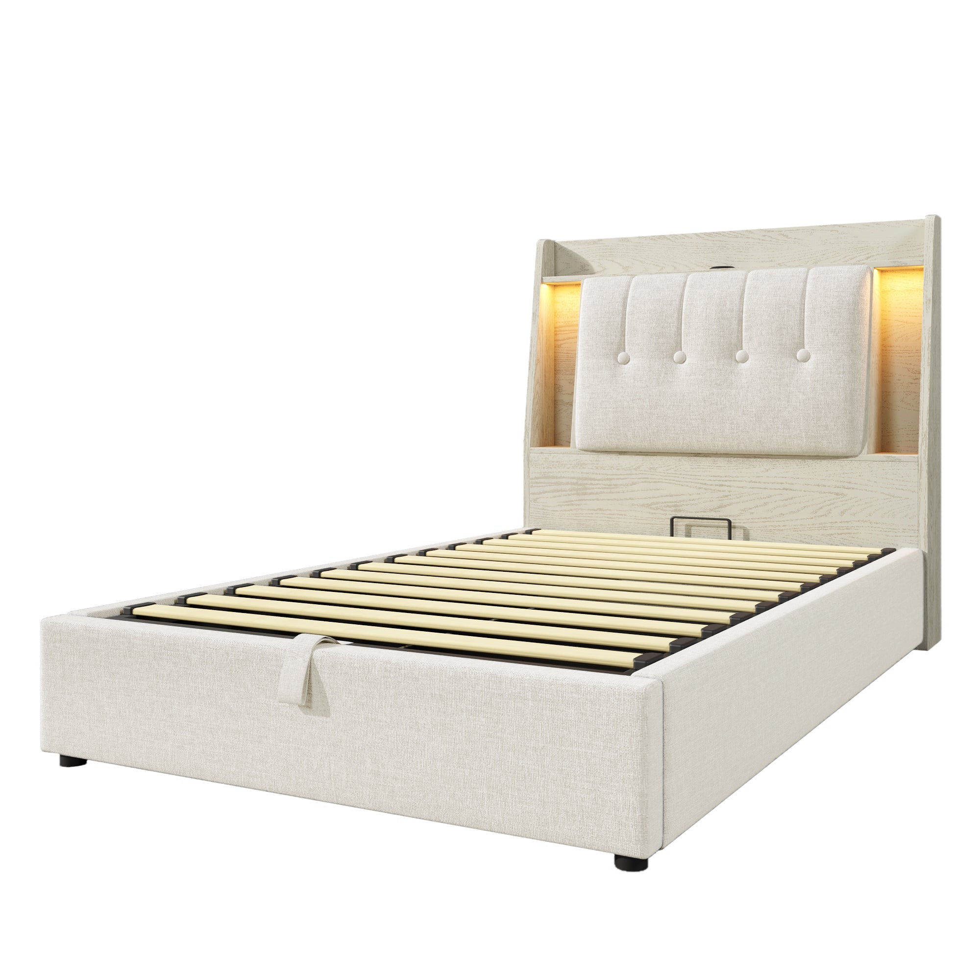 Upholstered Bed 90x200cm Storage LED USB/Type-C App Control - Linen Beige