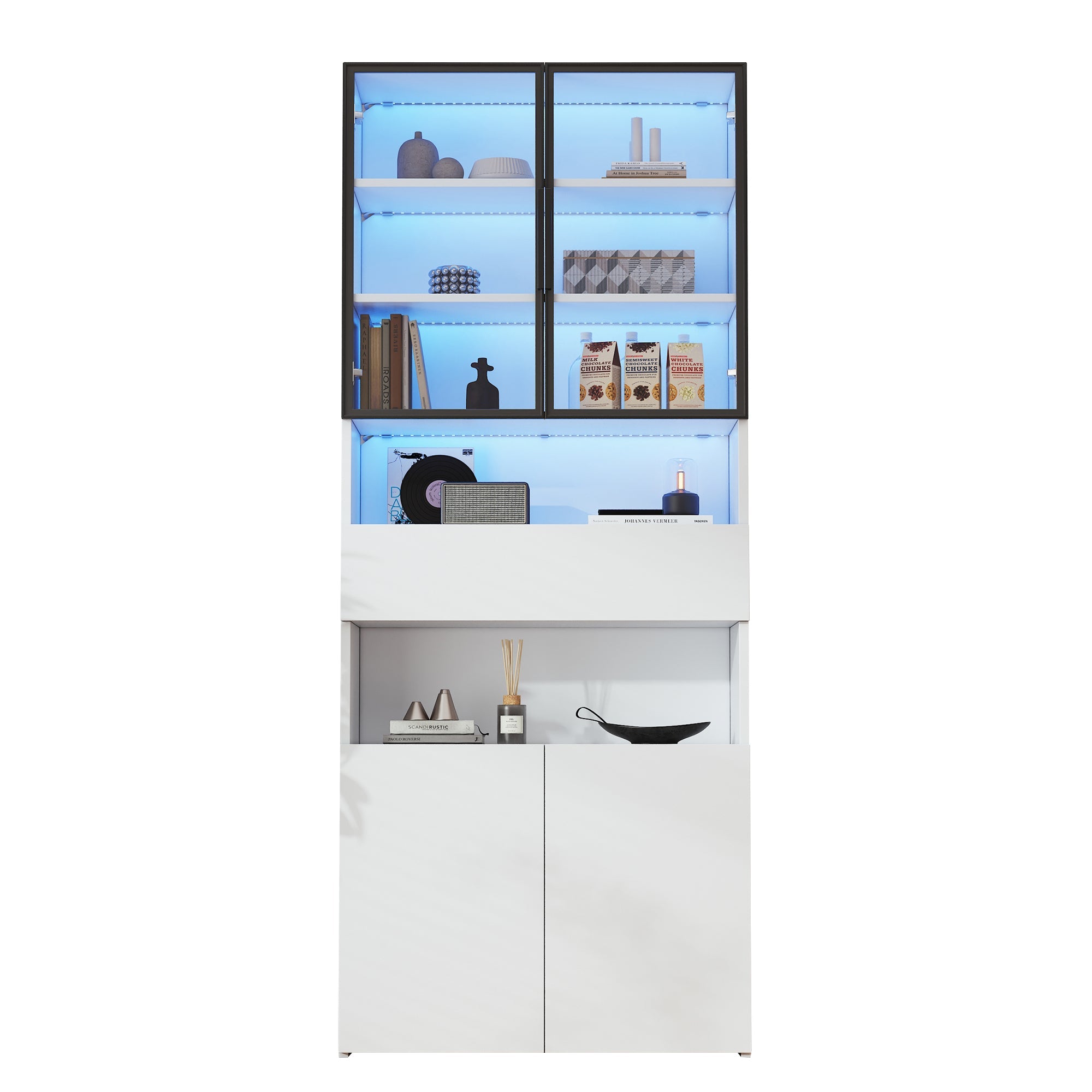 Display Cabinet with Drawers, Glass Doors & LED Lighting, 70x30x200cm, White