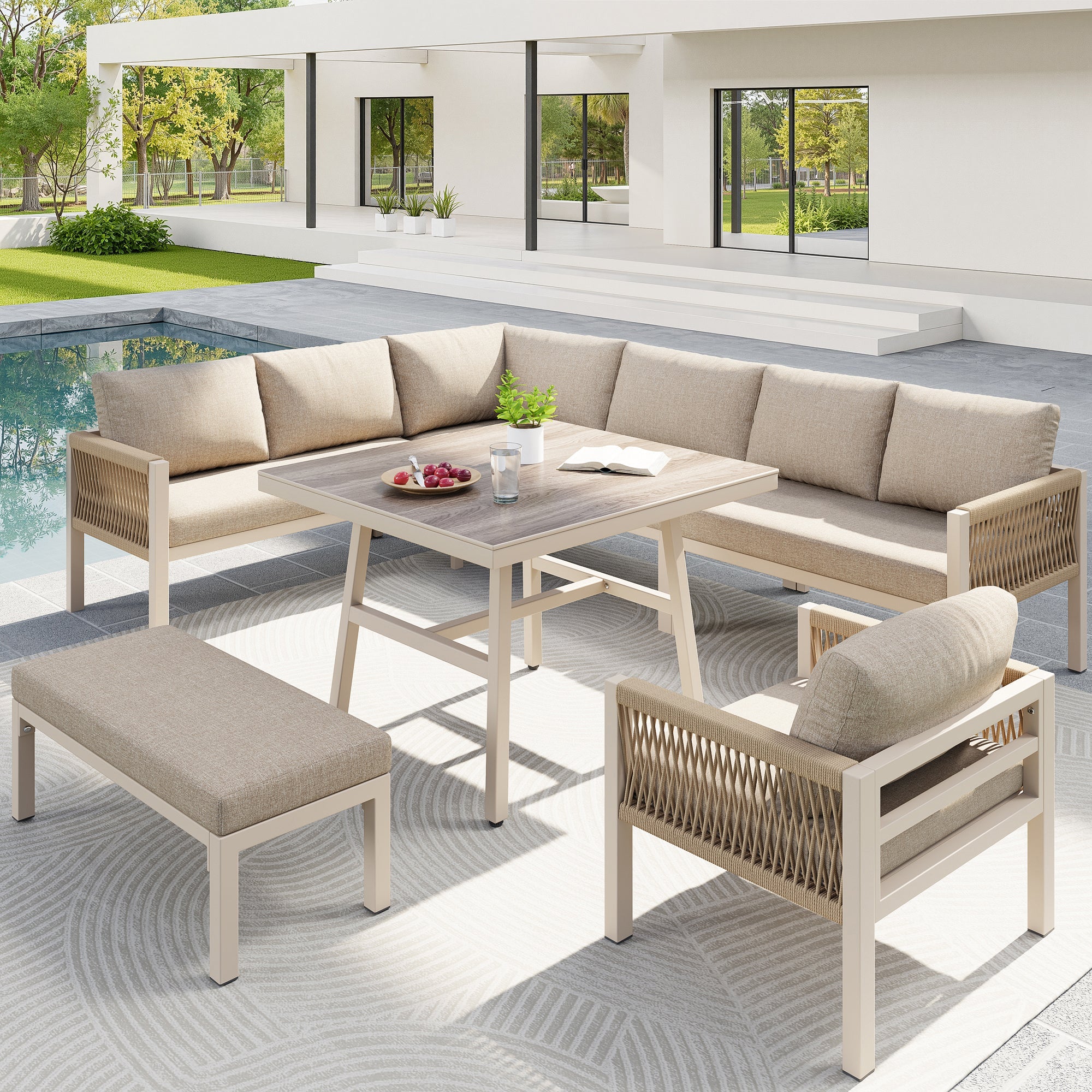 Garden Sofa Set L-Shape 8-Seater Hand-Woven with Table & Armchair - Iron Frame Beige