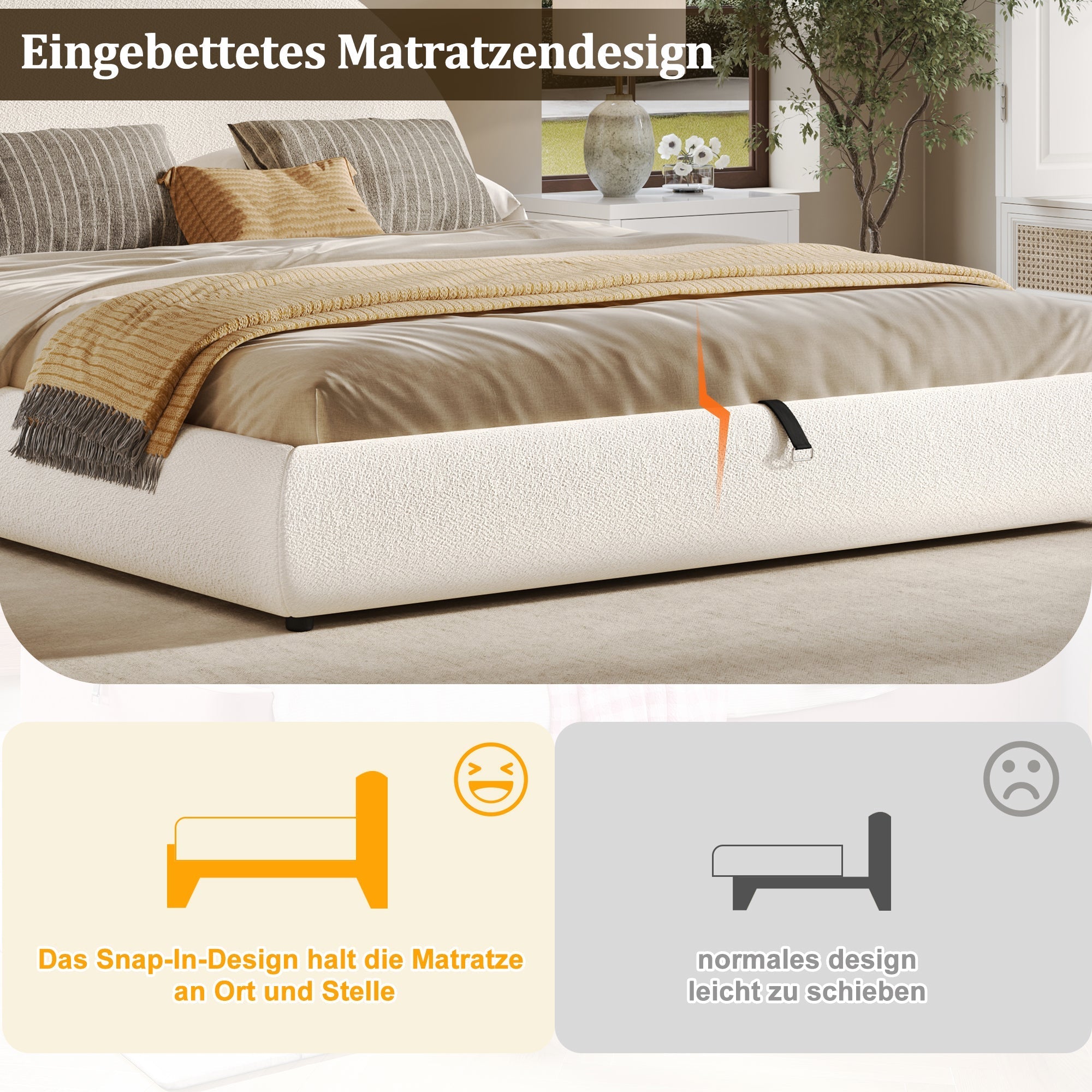 Upholstered Double Bed with Hydraulic Storage and Slatted Frame, 180x200cm, White Bouclé