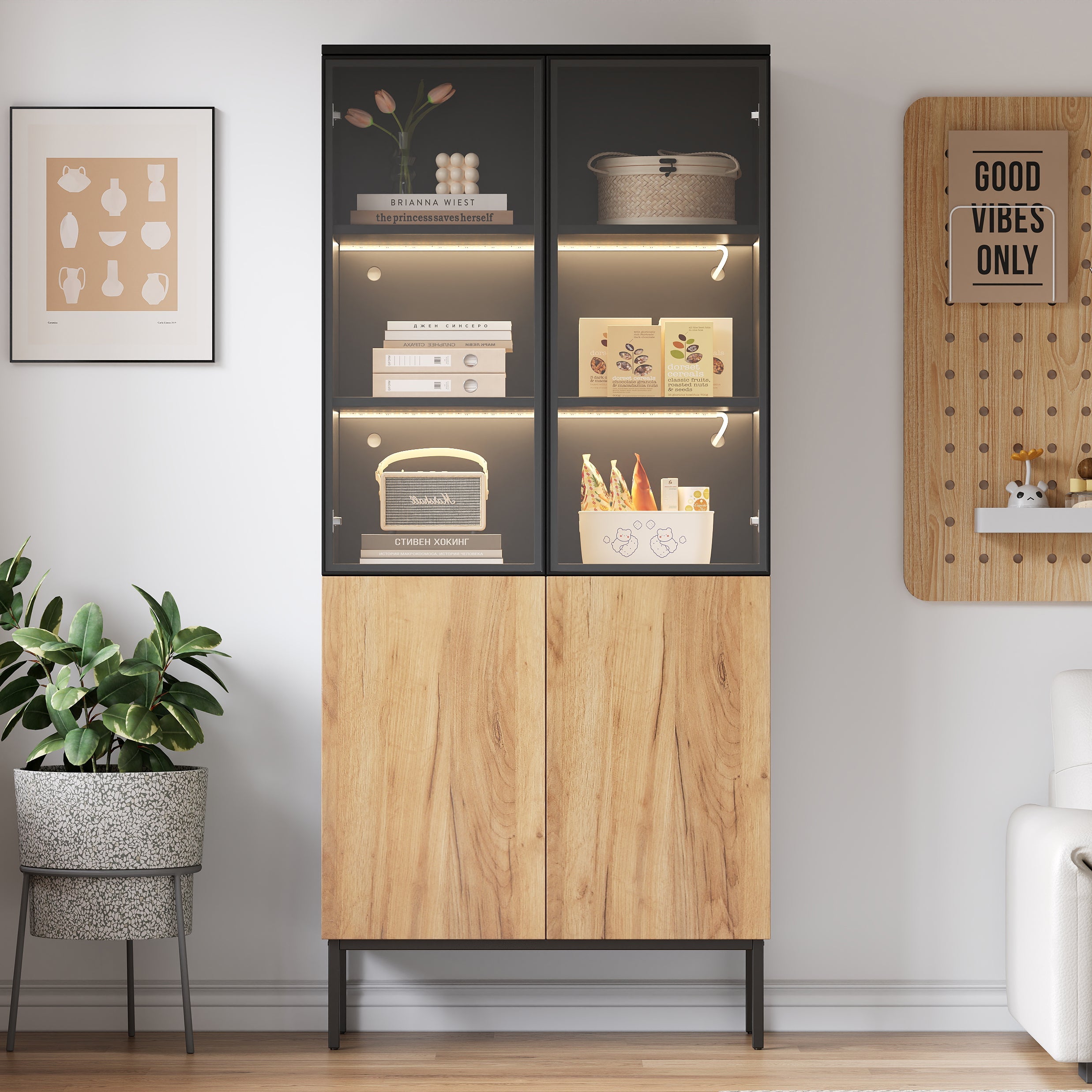 Glass-fronted Display Cabinet 180cm 5-Tier LED Bookcase Black/Oak
