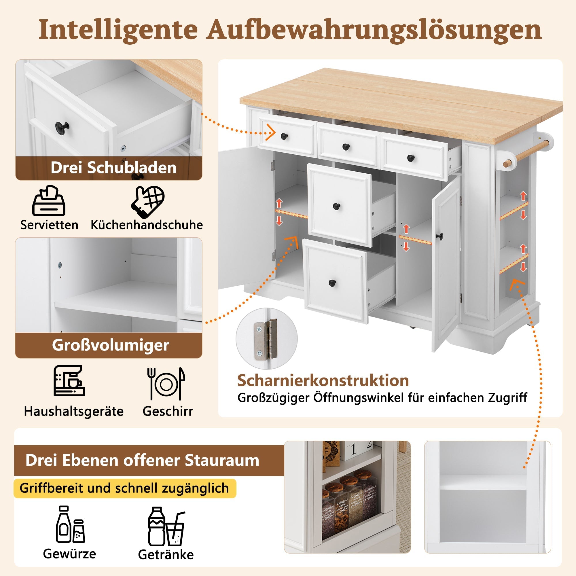 Extendable Kitchen Island with Drawers, Shelves & Power Strips - White
