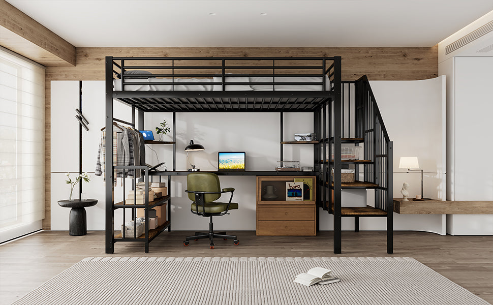 Iron Bed, Loft with Side Ladder & Charging Port, Black Iron + MDF