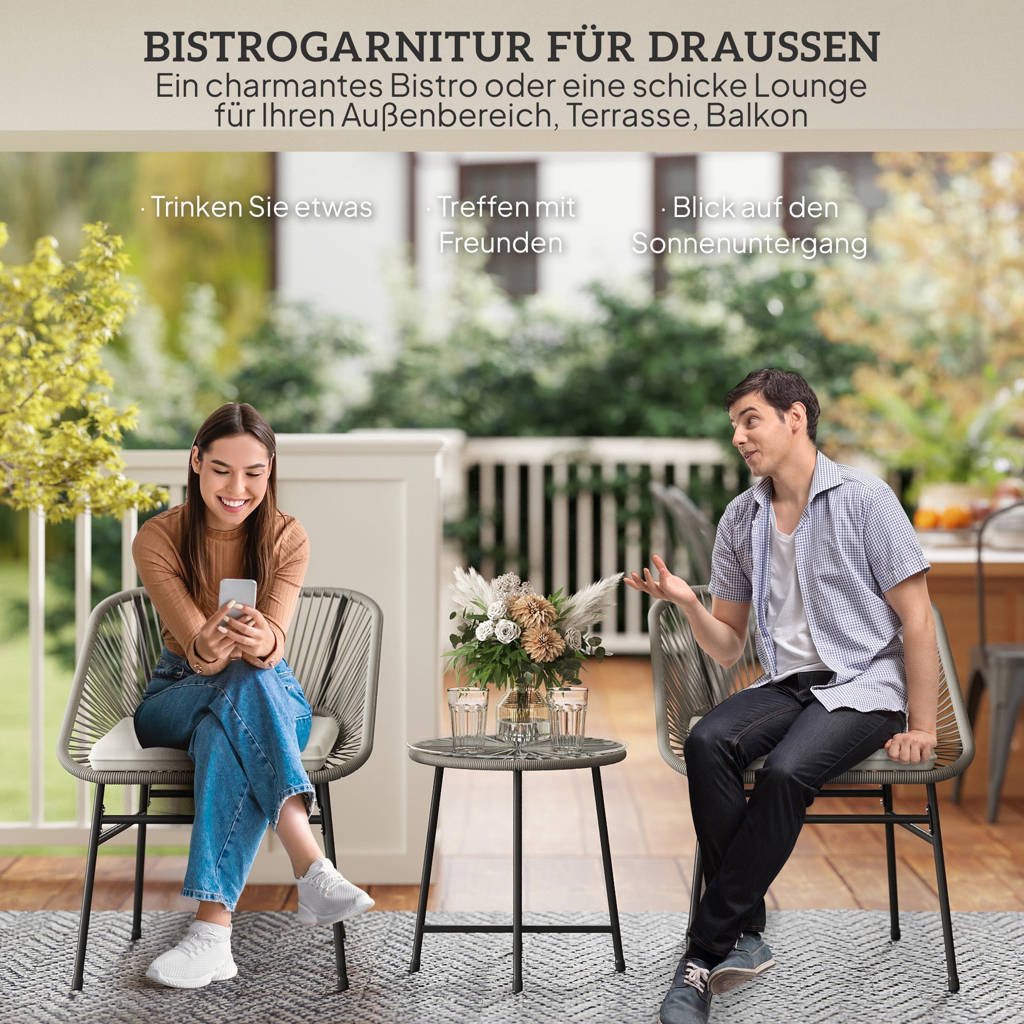 Polyrattan Garden Furniture Set for 2, 3-Piece with Chairs and Side Table, Dark Gray